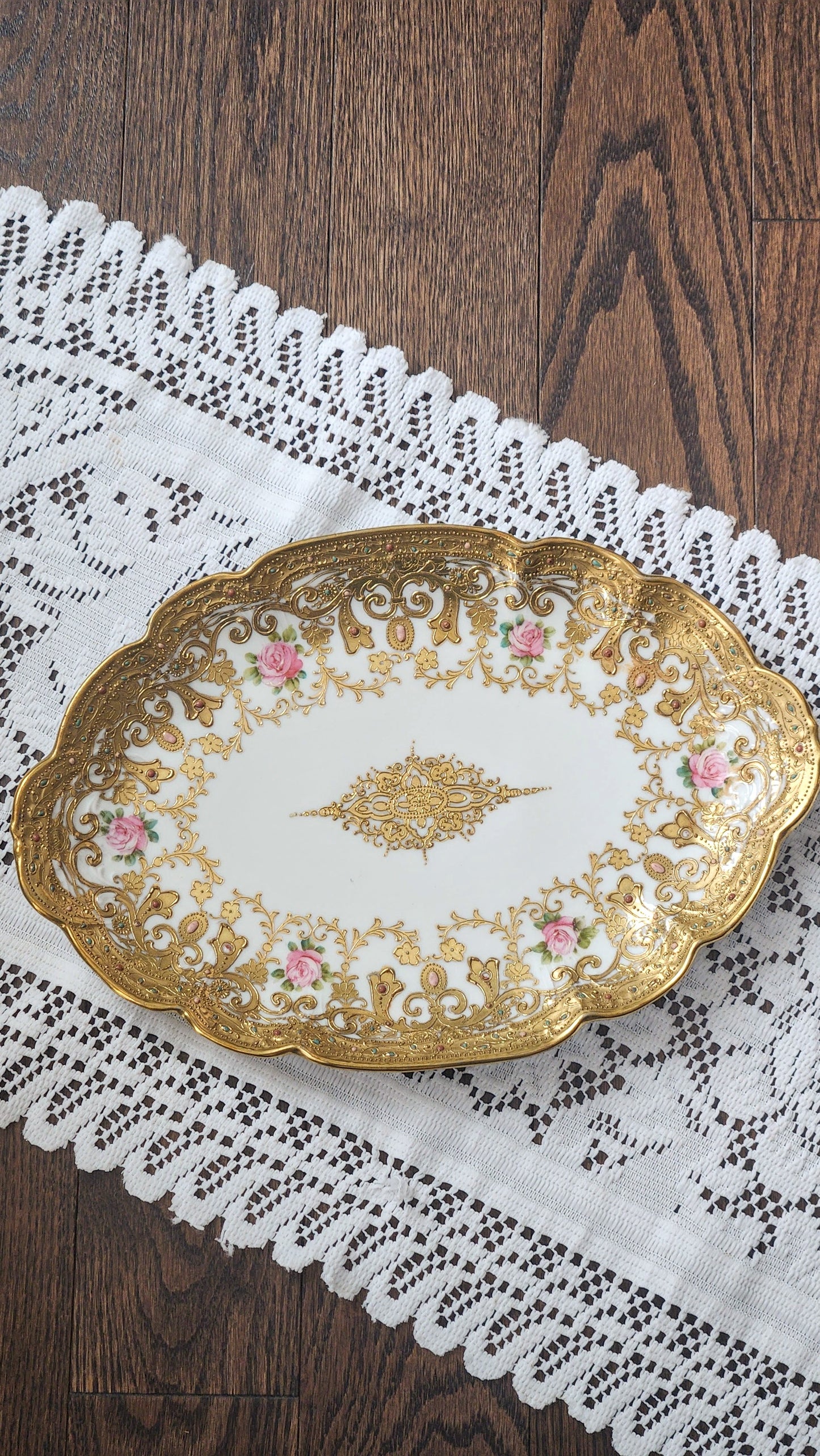 Hand-Painted Noritake Nippon Oval Platter with Gold & Moriage Jeweling- Exquisite piece