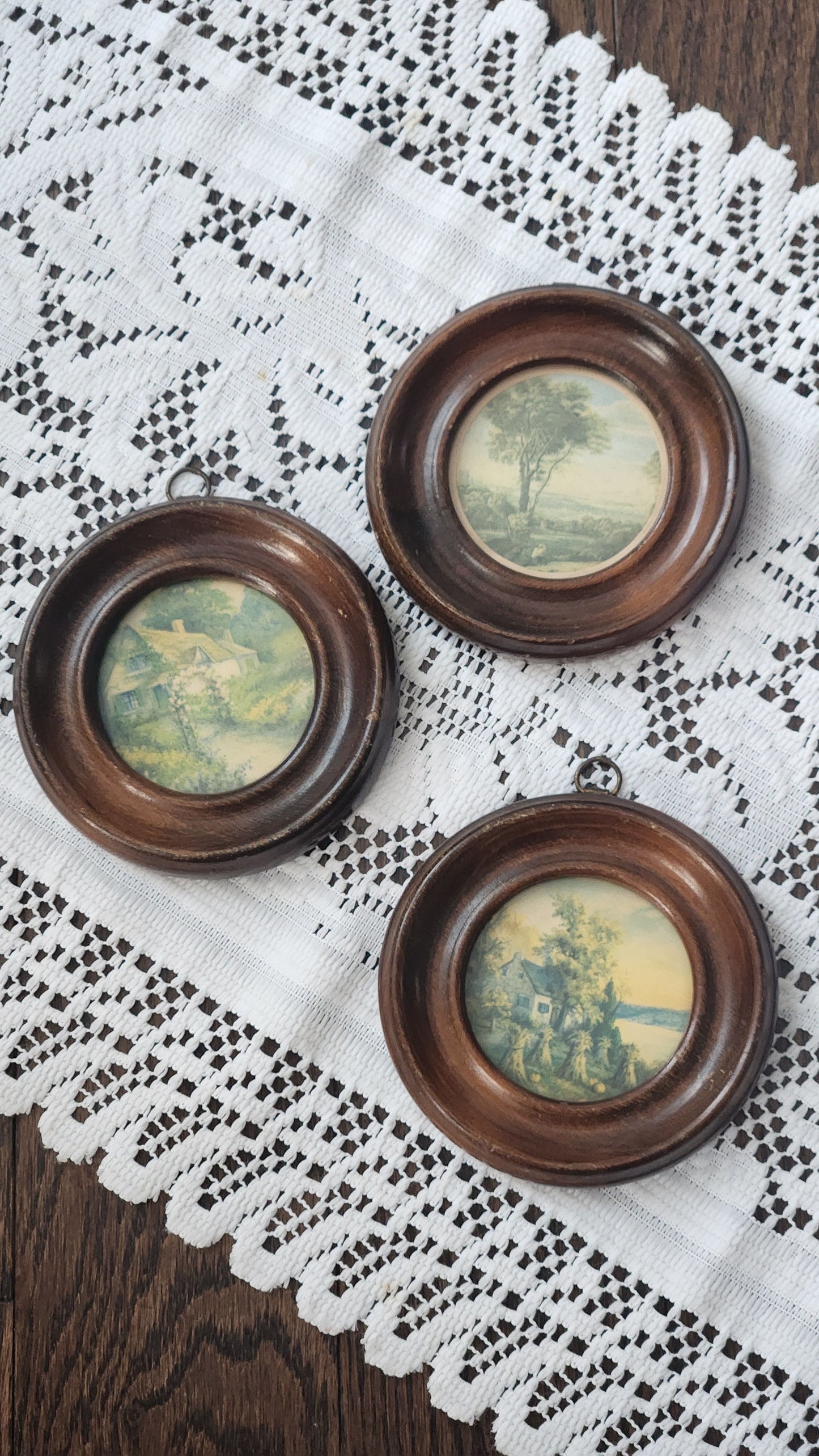 3 Small Vintage Round Wooden Frames with Cottage Prints