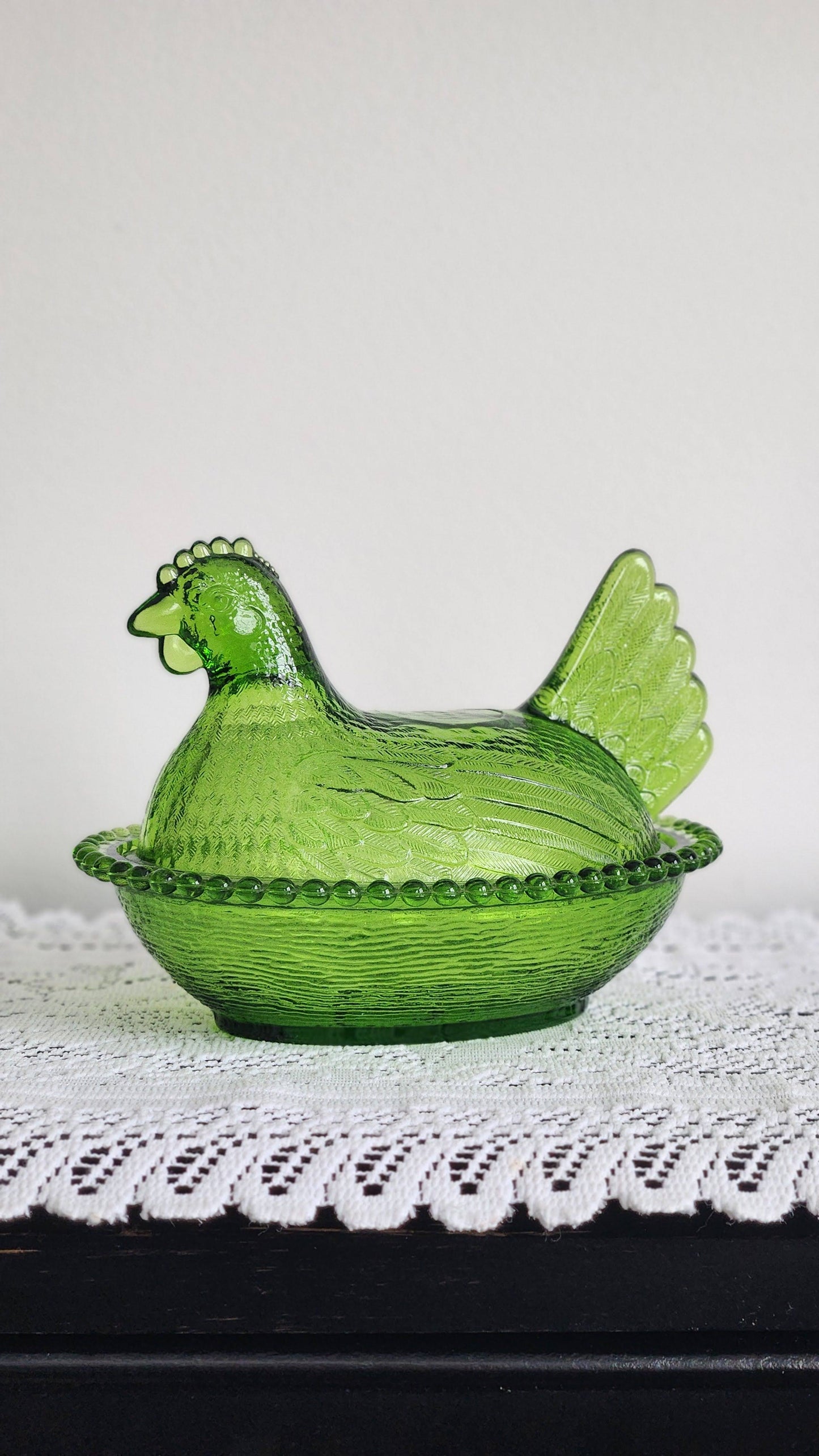 Hen and Nest Green Glass Chicken