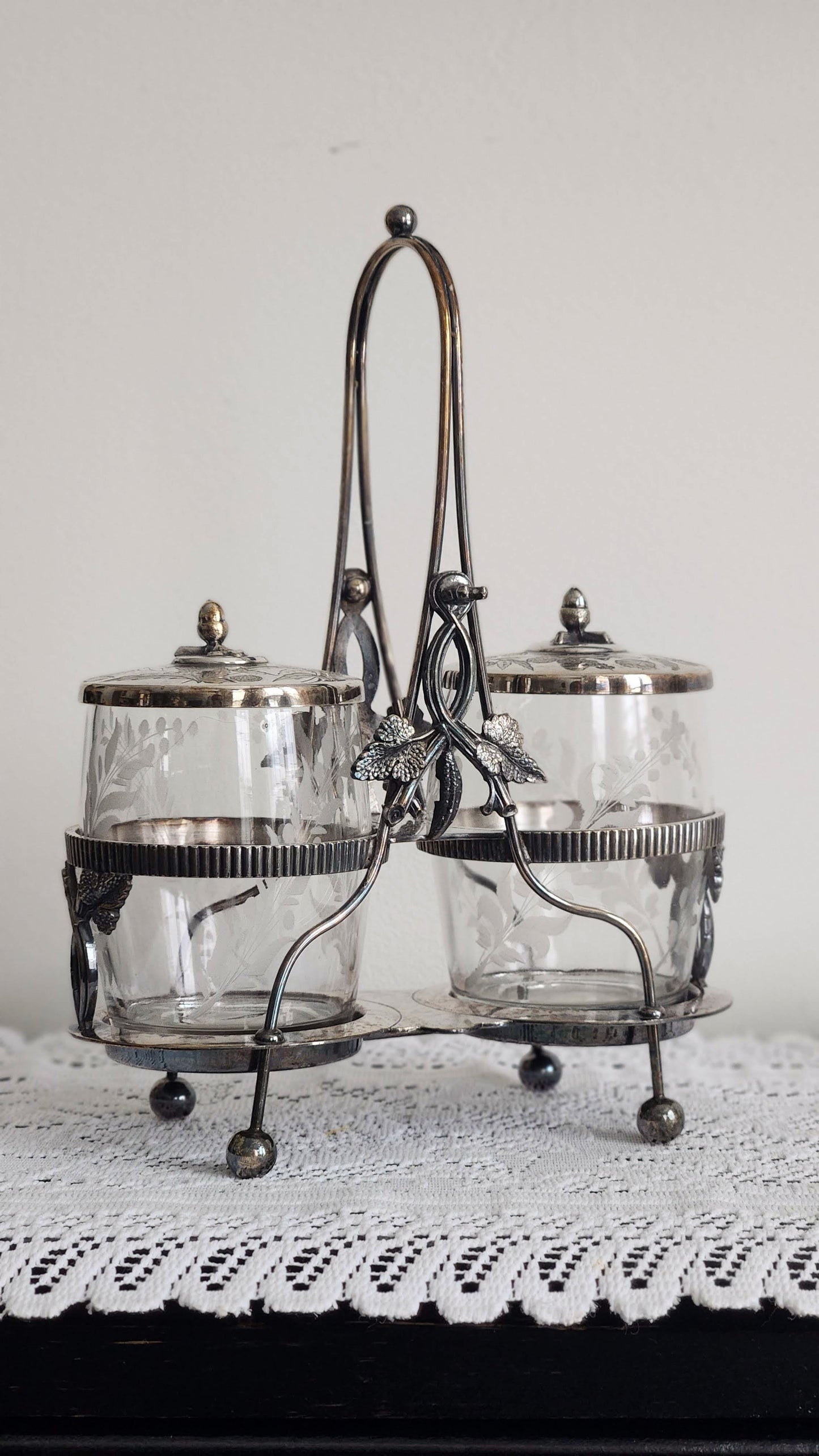 Silverplated Double Pickle Jar with Etched Glass and Lids