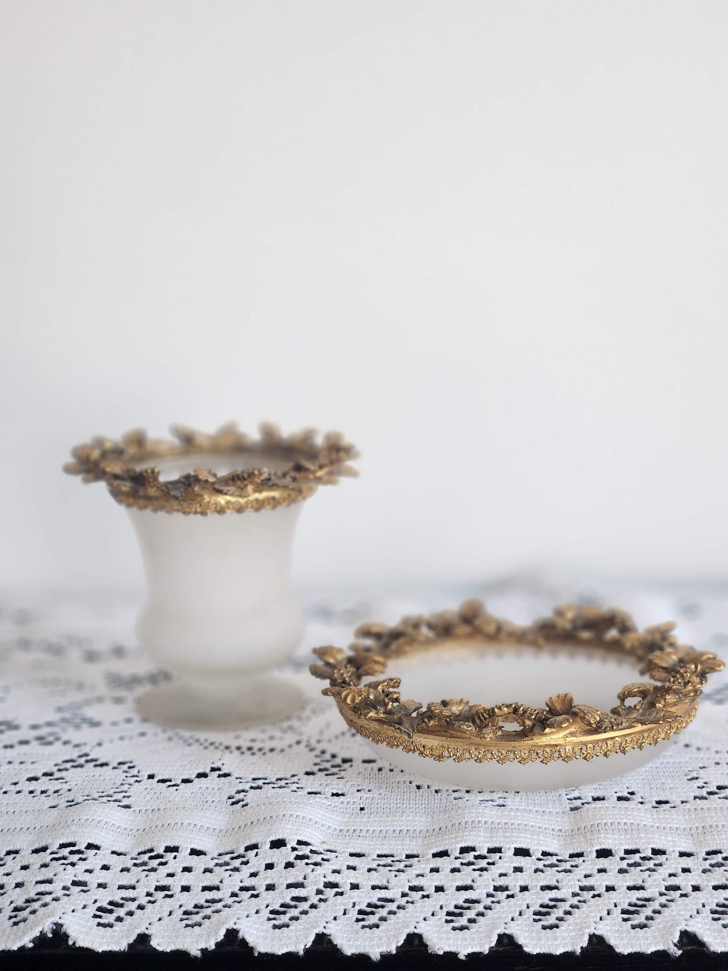 Vintage Vanity Frosted Glass Jar with Ornate Gilt Brass Floral Rim & Matching Brass Wreath Trinket Dish