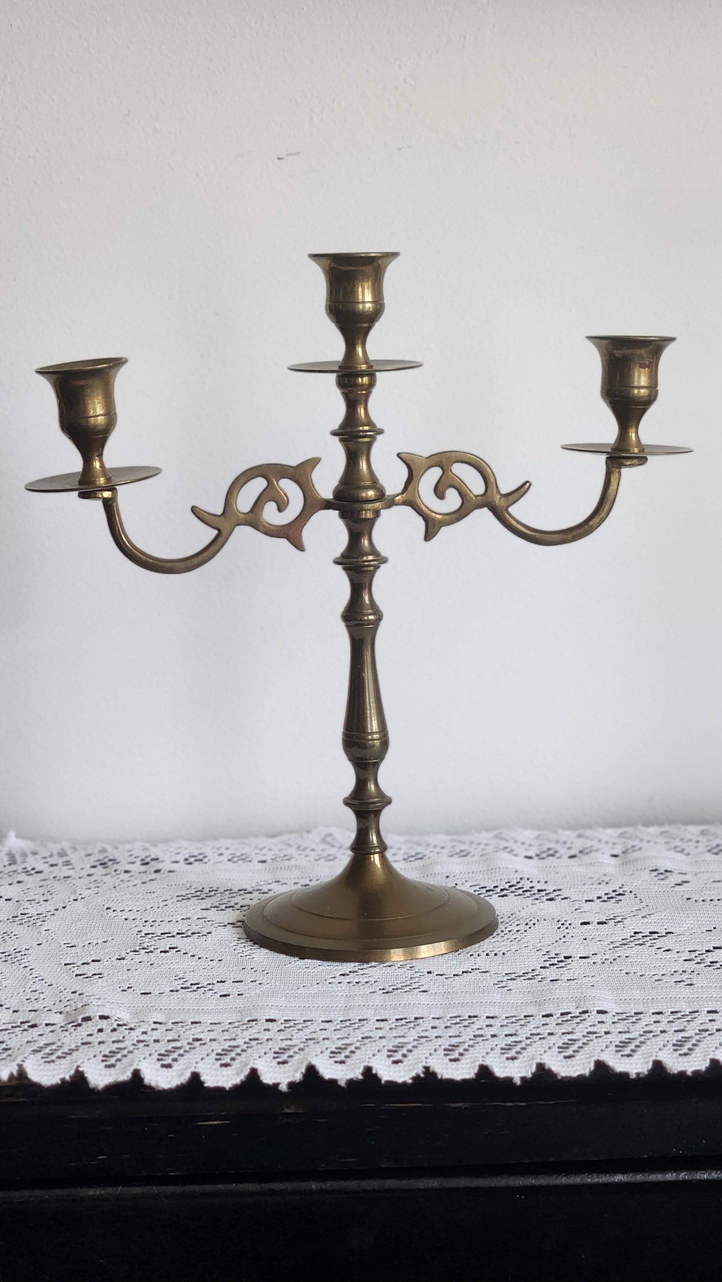 Three Arm Brass Candleholder with Patina