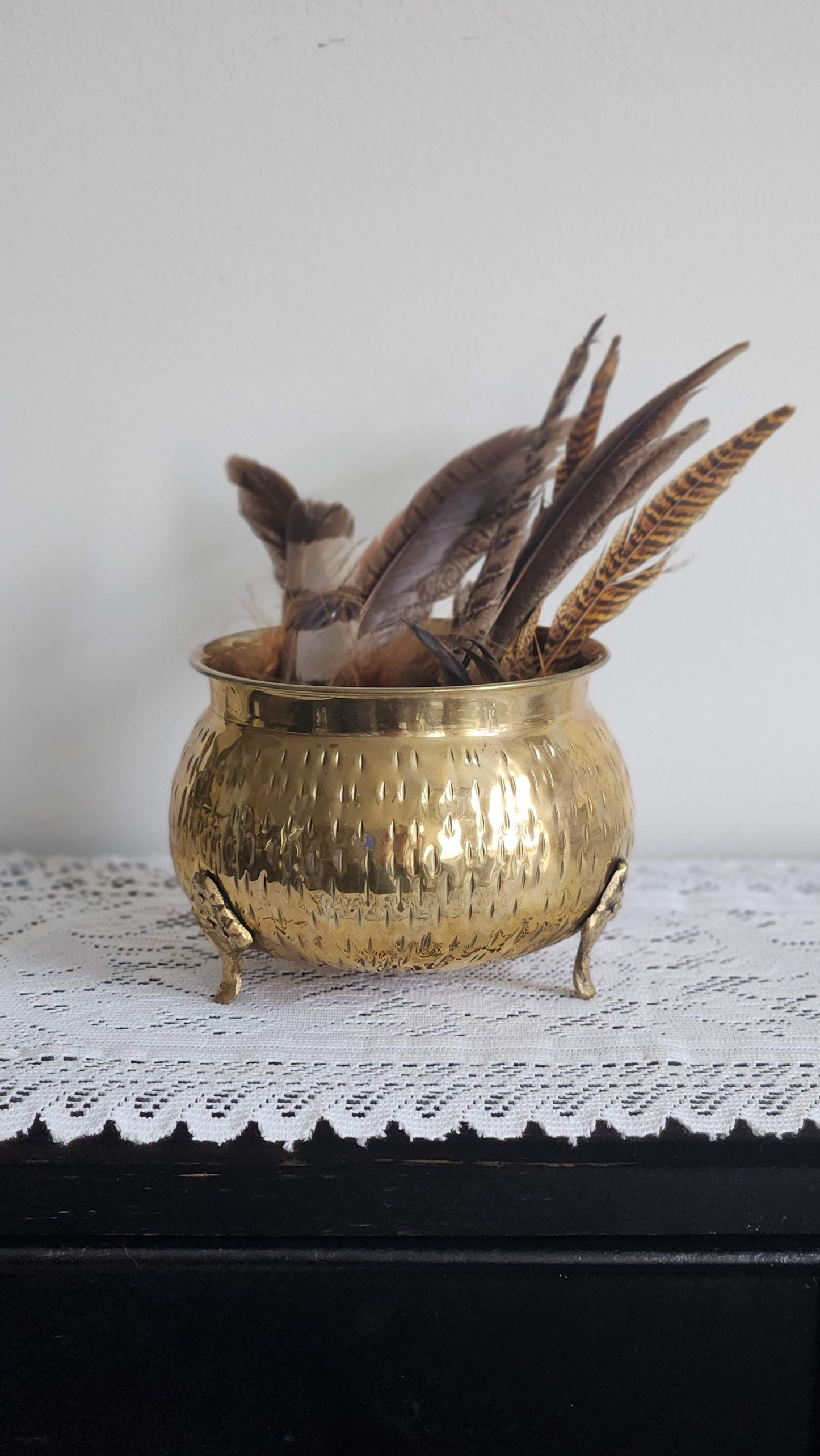 Vintage Hammered Brass Three-Legged Cachepot with Claw Feet