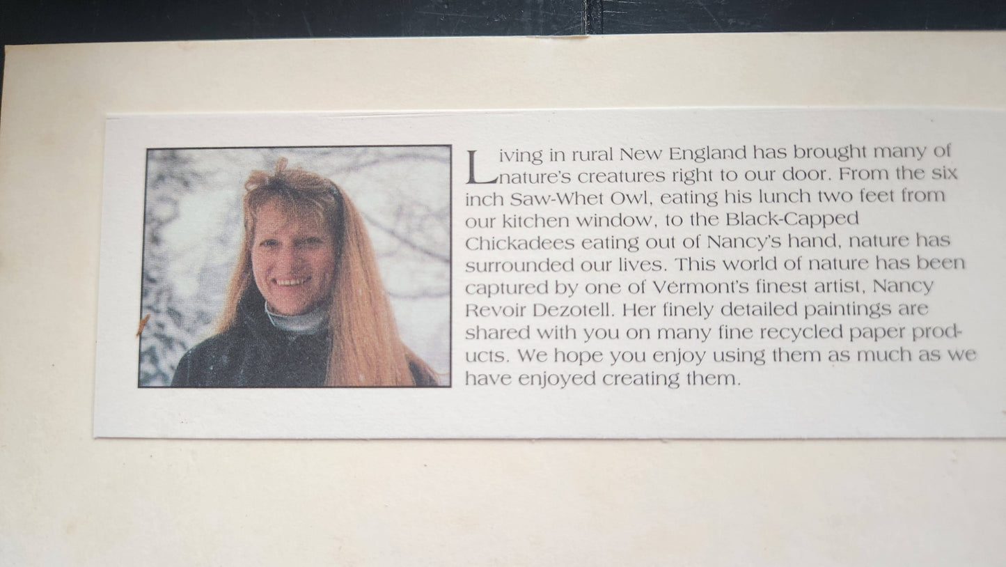 Artist bio card for Nancy Revoir Dezotell, Vermont nature artist