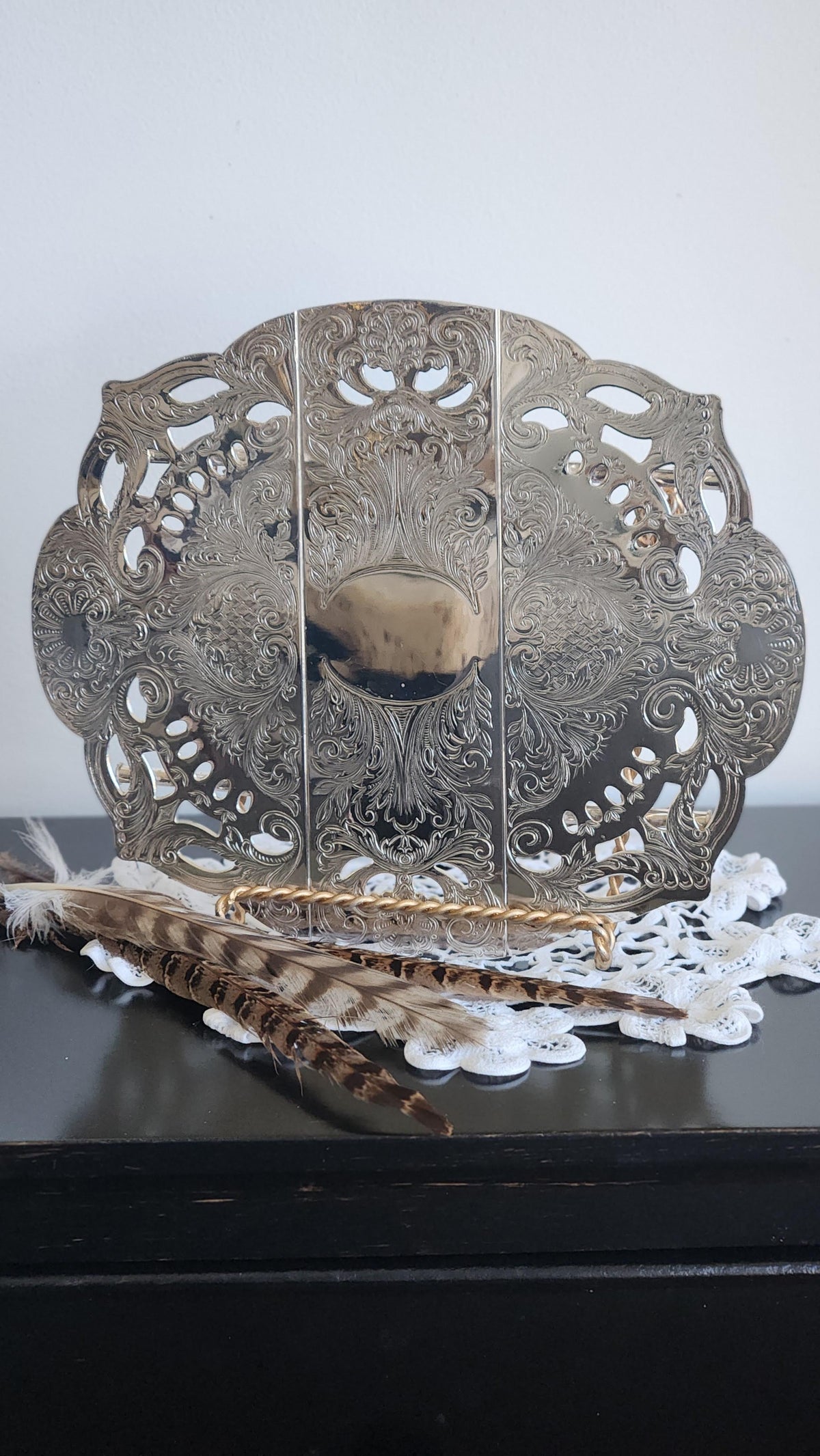 Pair Vintage Silverplate Expandable Trivets, Hinged, Engraved & Pierced Scrollwork, 8¾ x 10½”