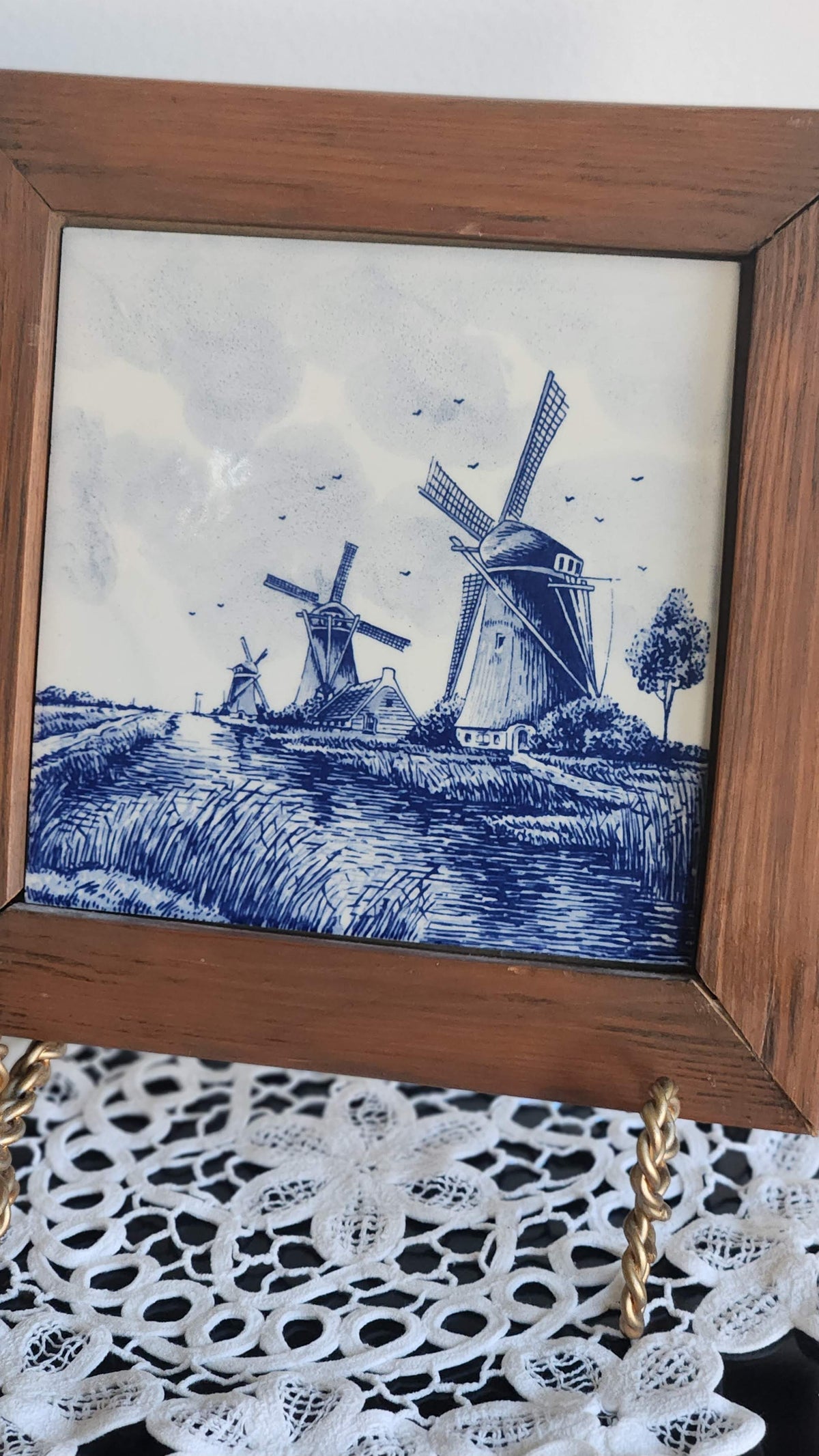 Vintage Delft-Style Blue & White Windmill Tile | Framed Dutch Trivet