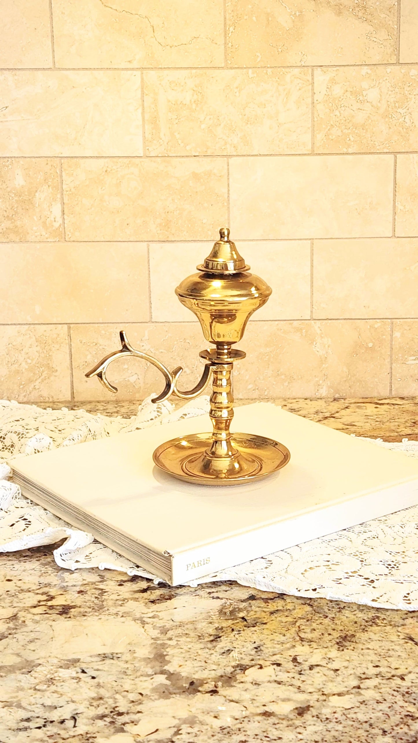 Vintage Brass Oil Lamp with Saucer & Ornate Handle
