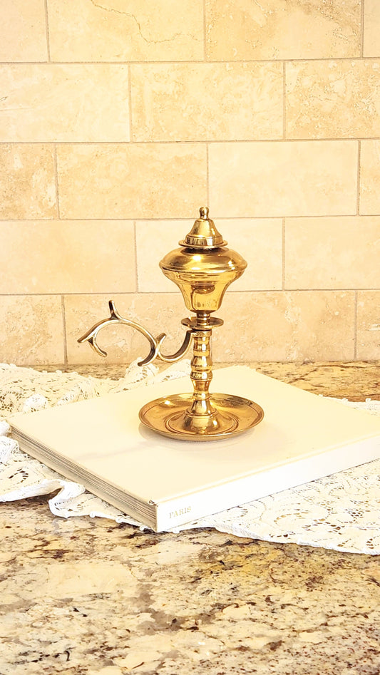 Vintage Brass Oil Lamp with Saucer & Ornate Handle