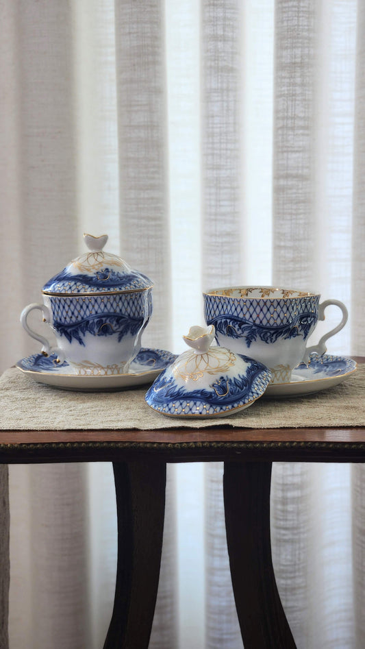 Vintage Nantucket Porcelain Teacups With Saucer & Lid Forget-Me-Not Pattern (Pair)