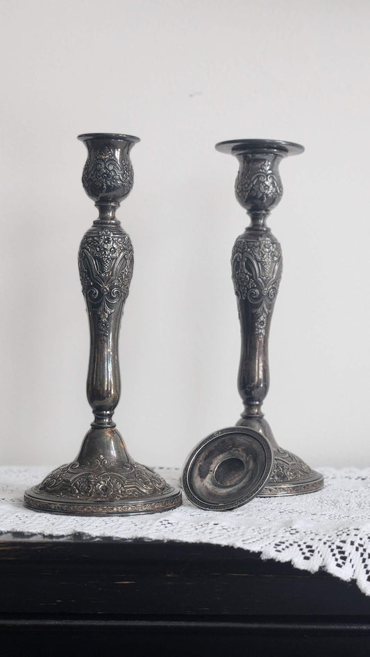 Pair of Wilcox Ornate Silverplate Candleholders