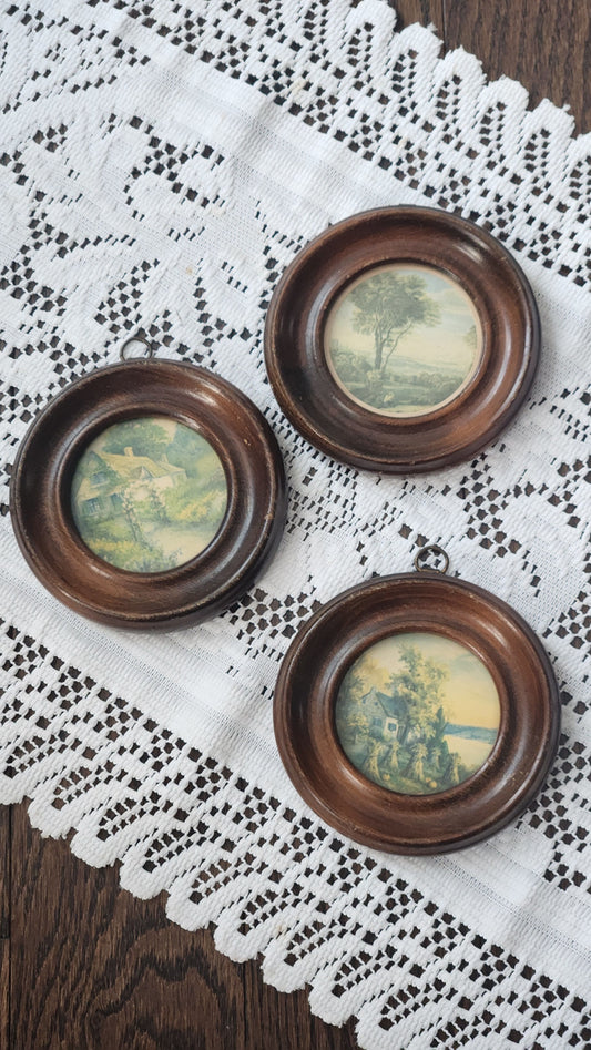 3 Small Vintage Round Wooden Frames with Cottage Prints