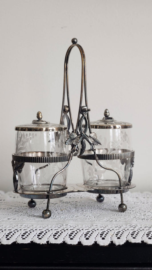 Silverplated Double Pickle Jar with Etched Glass and Lids