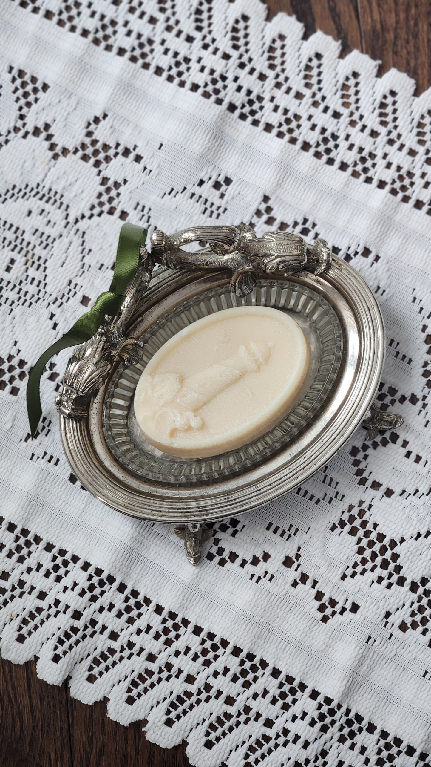 Silver Plate with Glass Insert Soap Dish with Goat Milk Soap - Gold Fish Footed