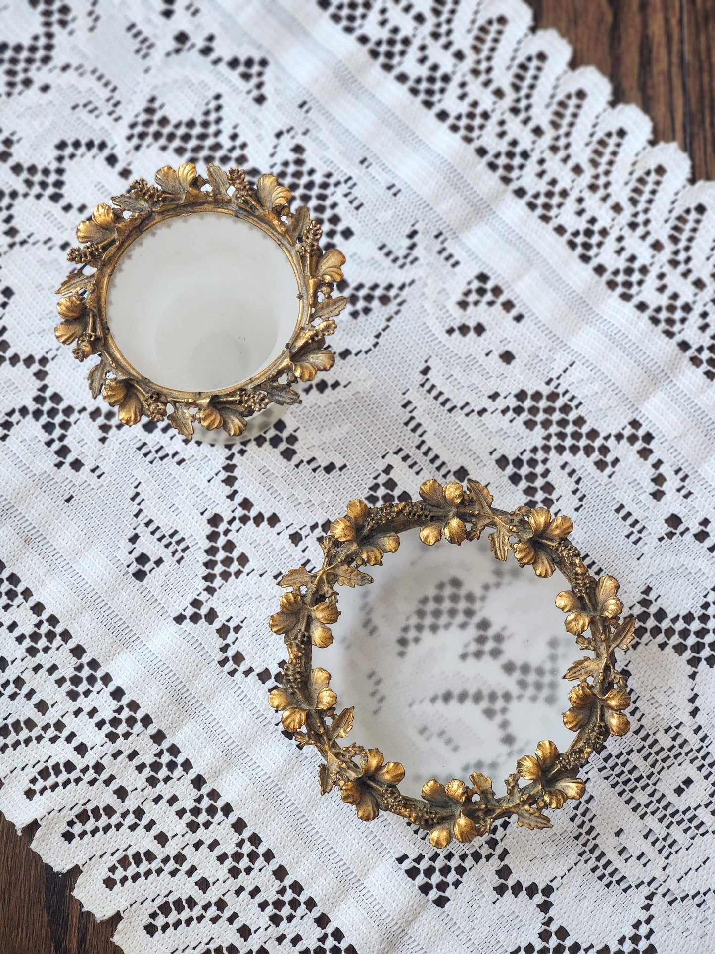 Vintage Vanity Frosted Glass Jar with Ornate Gilt Brass Floral Rim & Matching Brass Wreath Trinket Dish