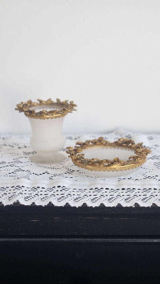 Vintage Vanity Frosted Glass Jar with Ornate Gilt Brass Floral Rim & Matching Brass Wreath Trinket Dish