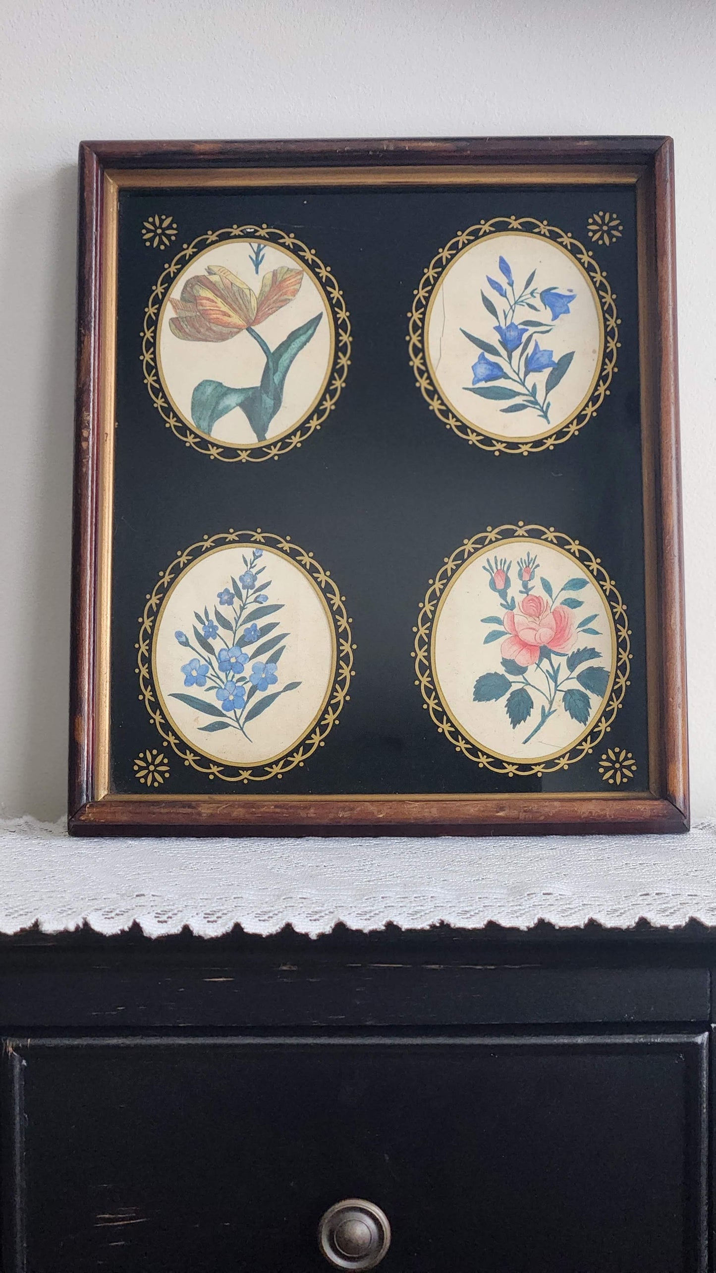 Antique Schoolgirl Watercolor Botanical Studies - Four Hand-Painted Ovals in Original Frame