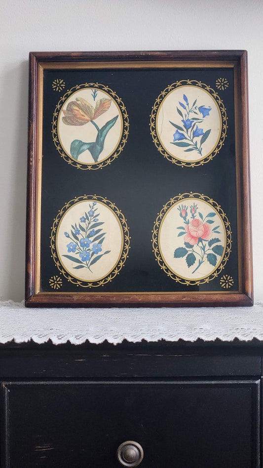 Antique Schoolgirl Watercolor Botanical Studies - Four Hand-Painted Ovals in Original Frame