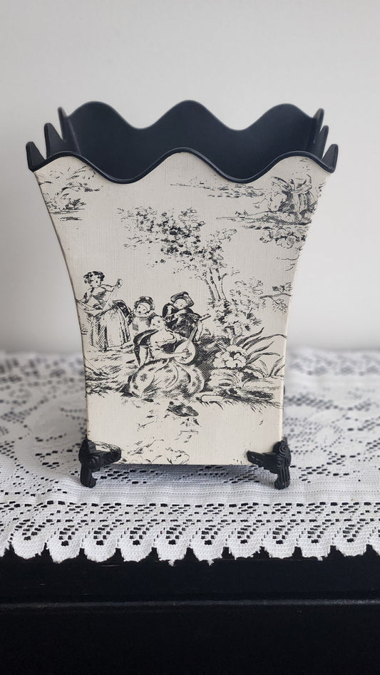 Vintage Metal Black and White Toleware Cache Pot/Planter with Claw Feet