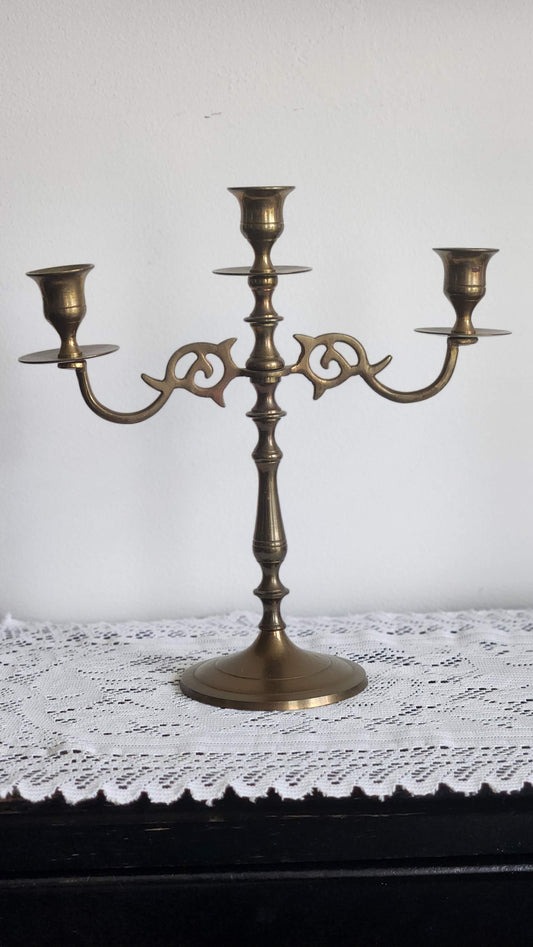 Three Arm Brass Candleholder with Patina