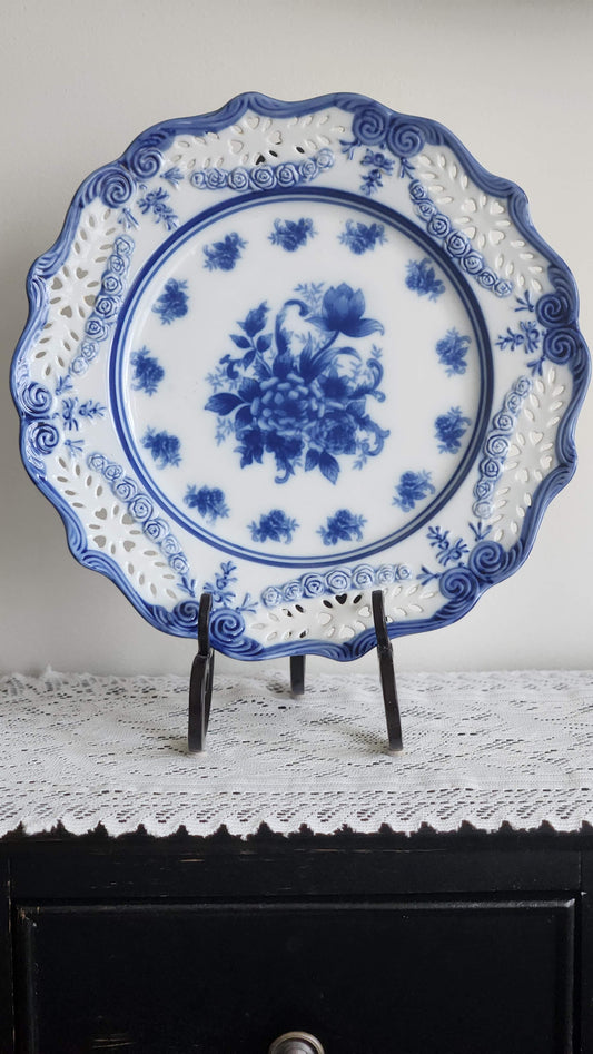 13-inch Round Blue & White Reticulated Torte Plate with European Floral Motif by Cracker Barrel