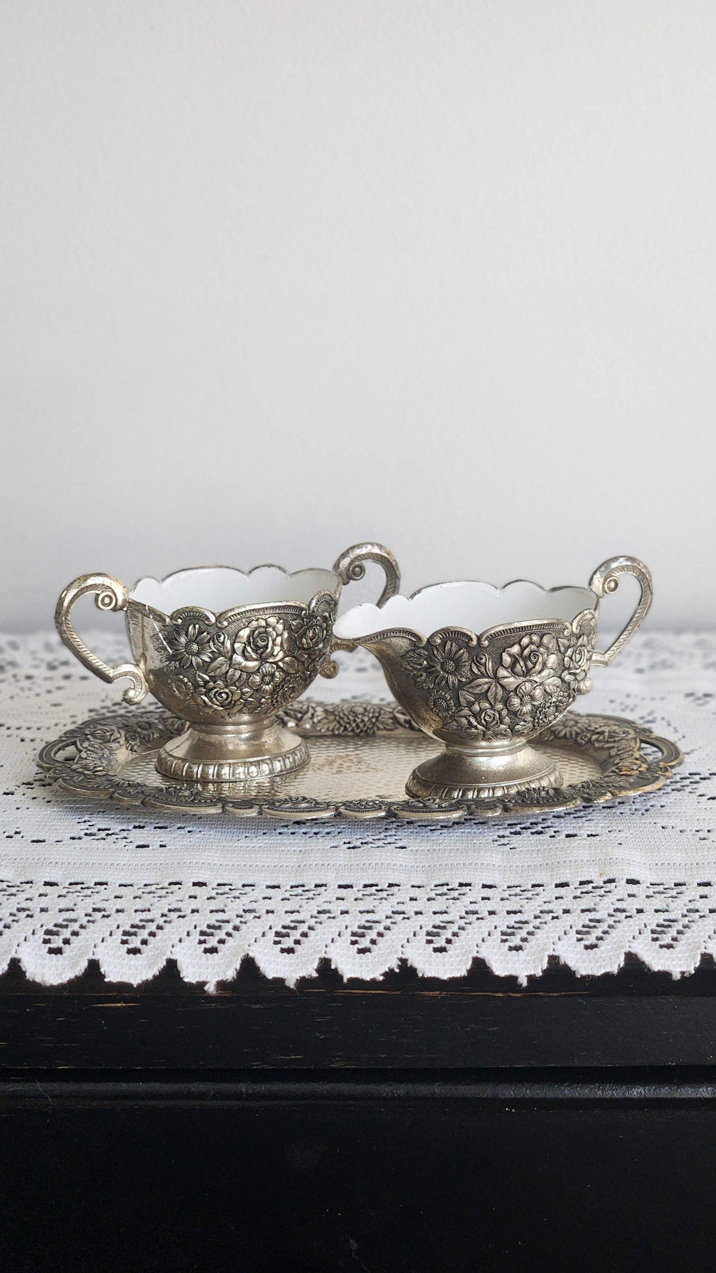 Antique Silverplate Cream & Sugar Set with White Glass Liners