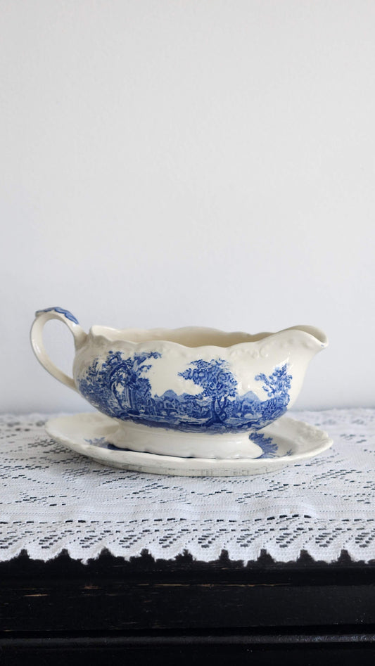 English Abbey Transferware Gravy Boat with Platter