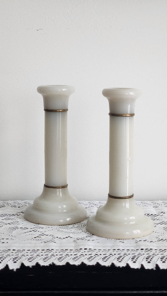 Vintage Alabaster Candlesticks with Brass Accents