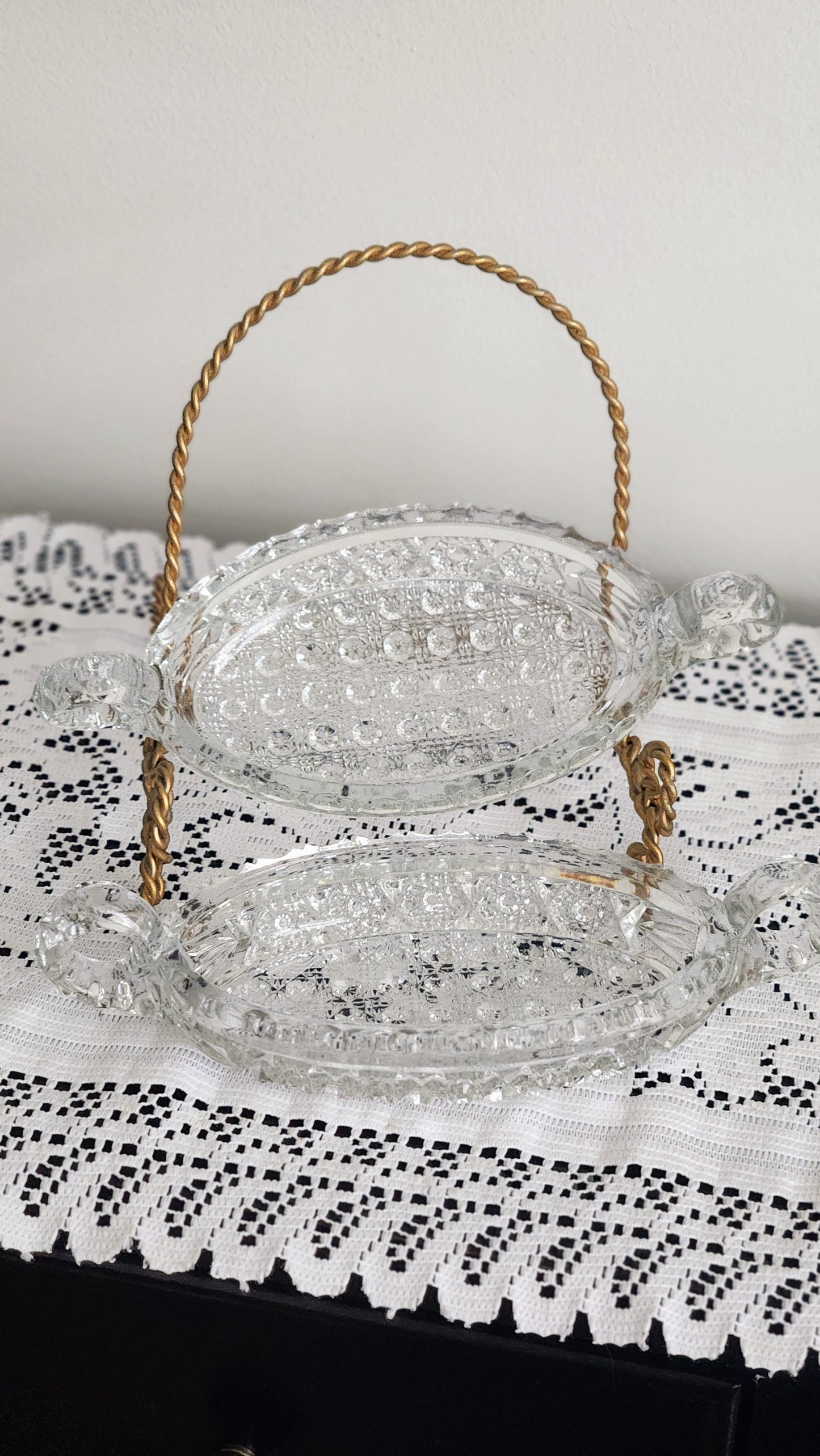 Two Cut Glass Relish Trays with Decorative Brass Handle - Pair