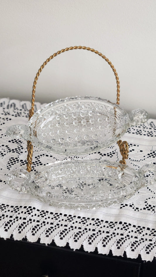 Two Cut Glass Relish Trays with Decorative Brass Handle - Pair