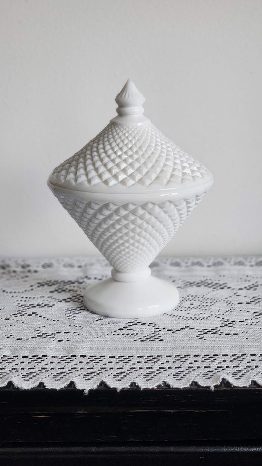 Vintage Milk Glass Covered Pedestal Candy Dish