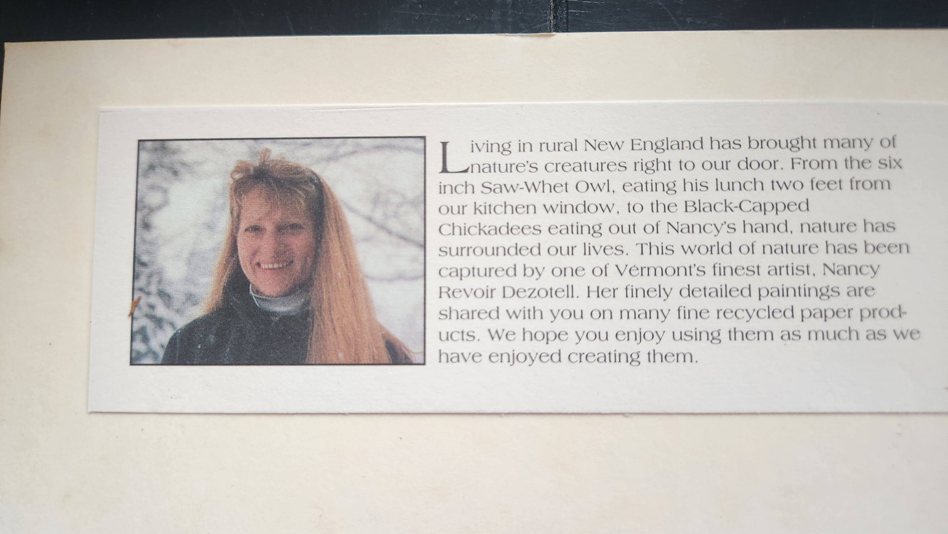 Artist bio card for Nancy Revoir Dezotell, Vermont nature artist