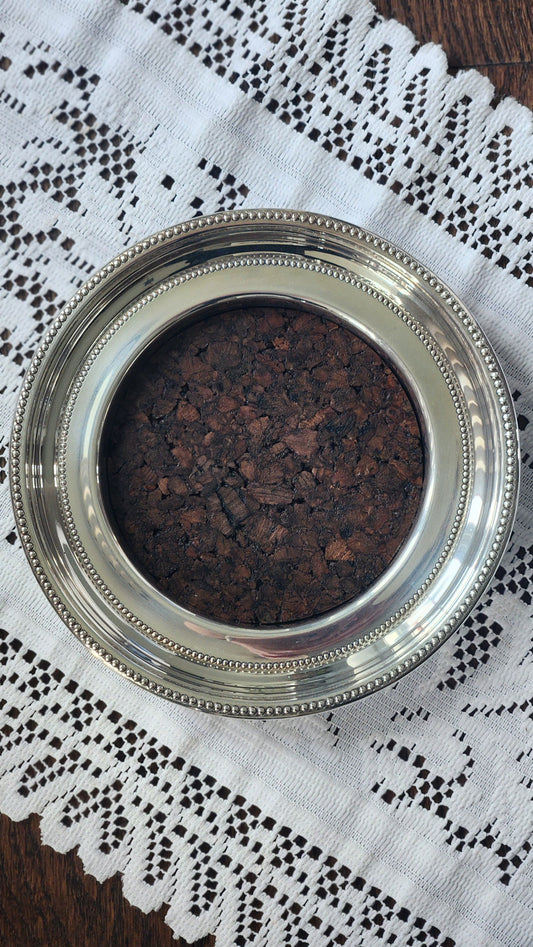 Vintage Towle silverplate wine bottle coaster with beaded rim and cork center