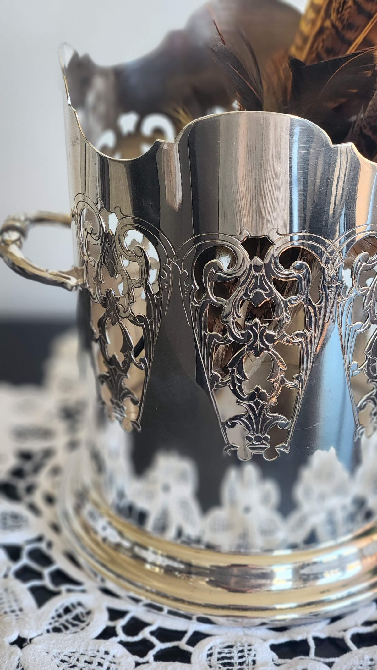 Vintage English EPNS Silverplate Pierced Wine Bottle Holder, Two Handles, Scroll Cutwork, 6½”