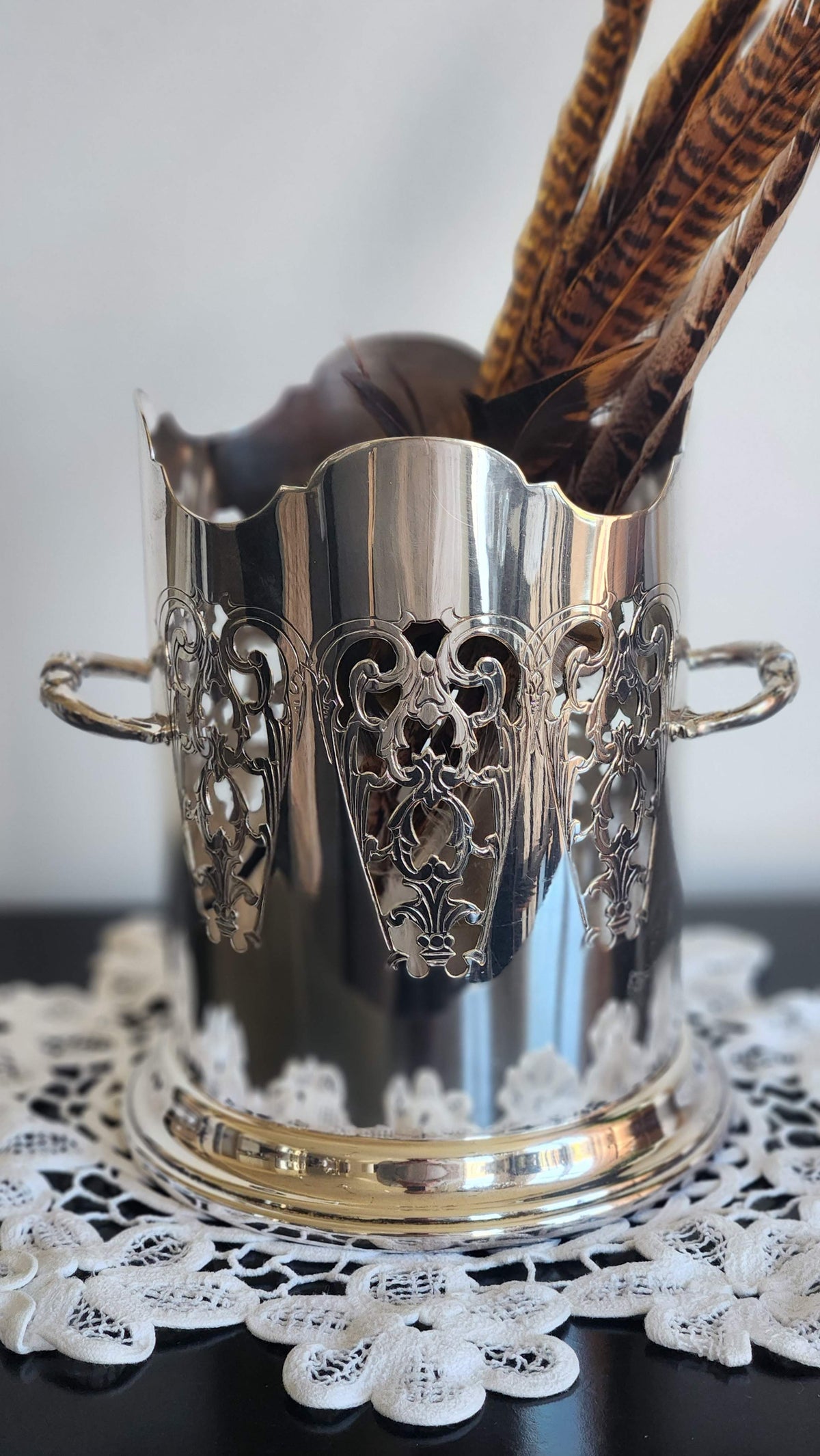 Vintage English EPNS Silverplate Pierced Wine Bottle Holder, Two Handles, Scroll Cutwork, 6½”