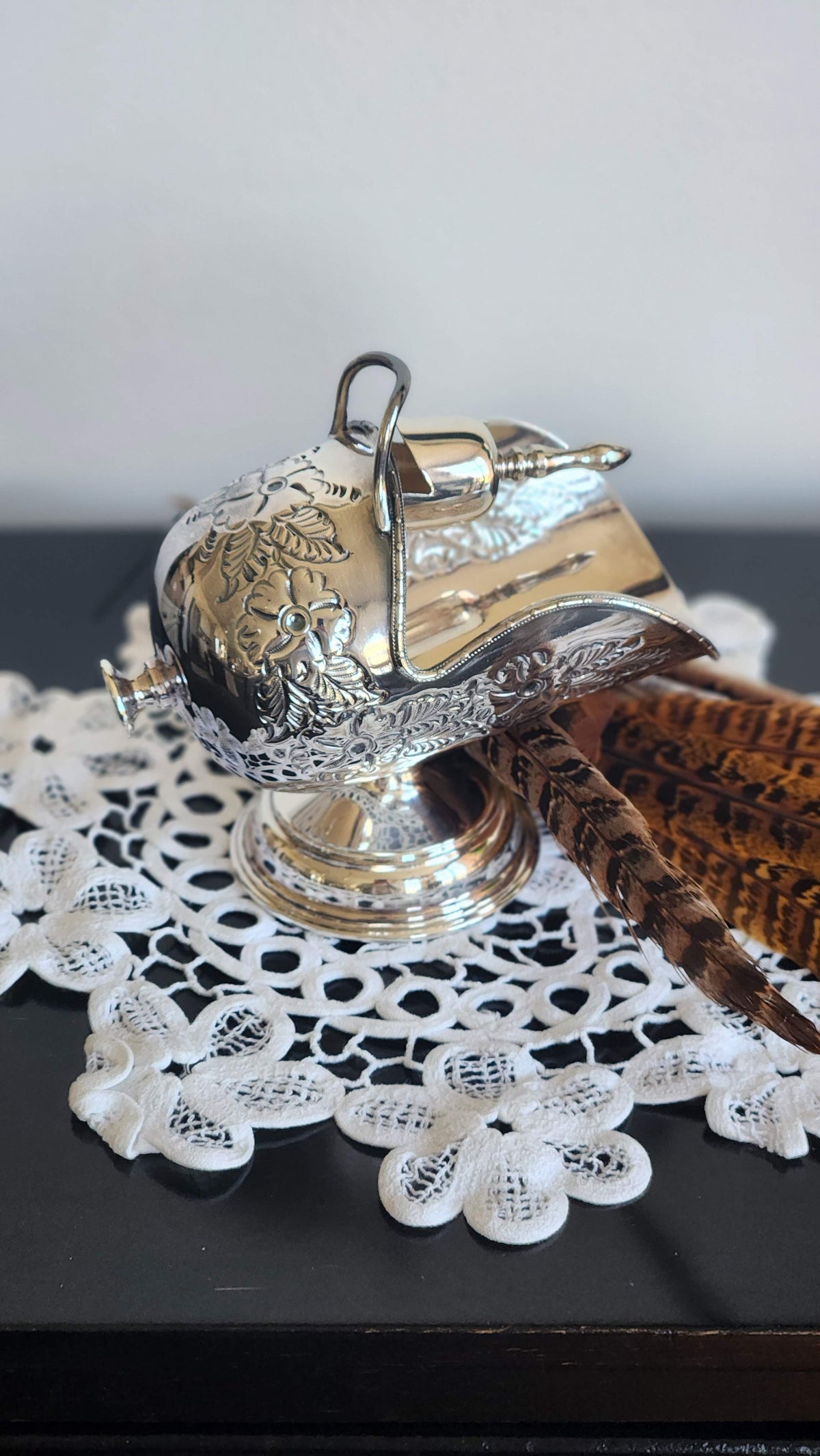 Vintage English Hand Chased Silverplate Sugar Scuttle with Matching Scoop, EPOC, Made in England