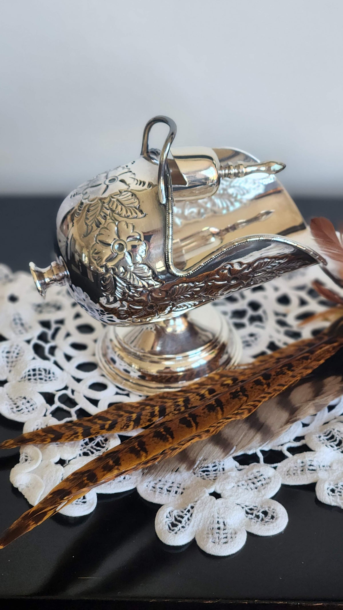 Vintage English Hand Chased Silverplate Sugar Scuttle with Matching Scoop, EPOC, Made in England