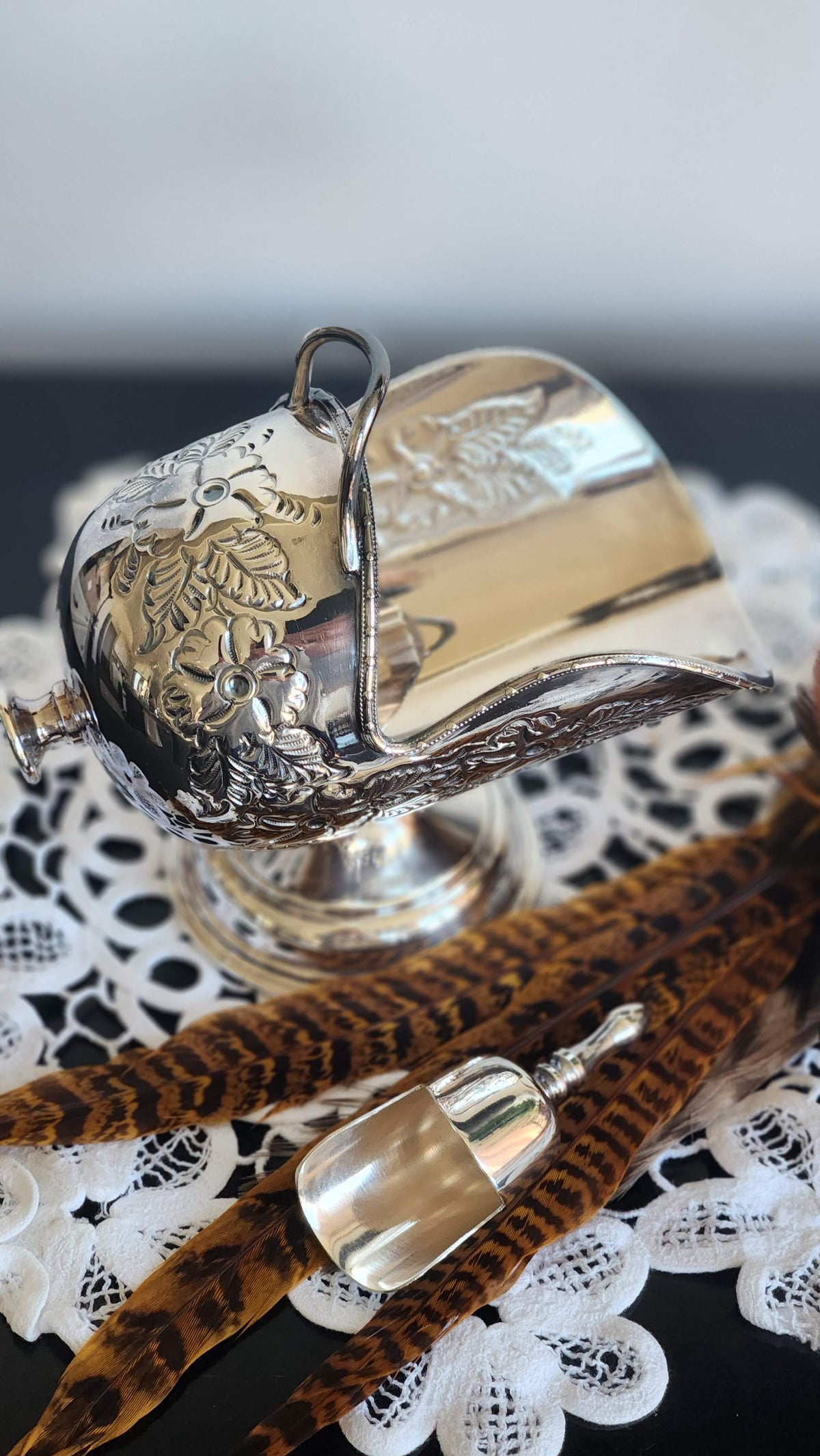 Vintage English Hand Chased Silverplate Sugar Scuttle with Matching Scoop, EPOC, Made in England