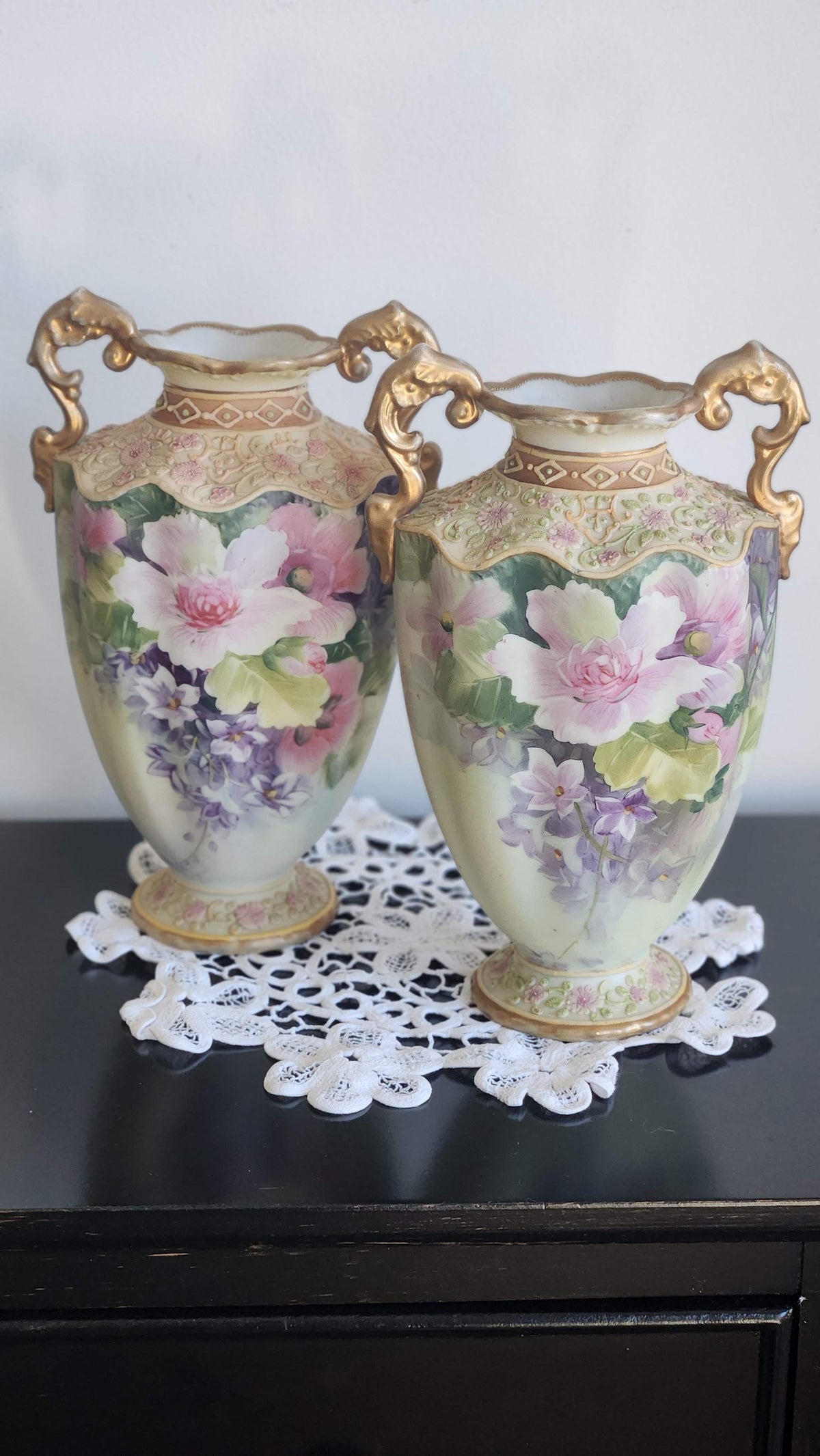 Pair of Antique Hand-Painted Nippon Vases with Moriage & Gold Handles