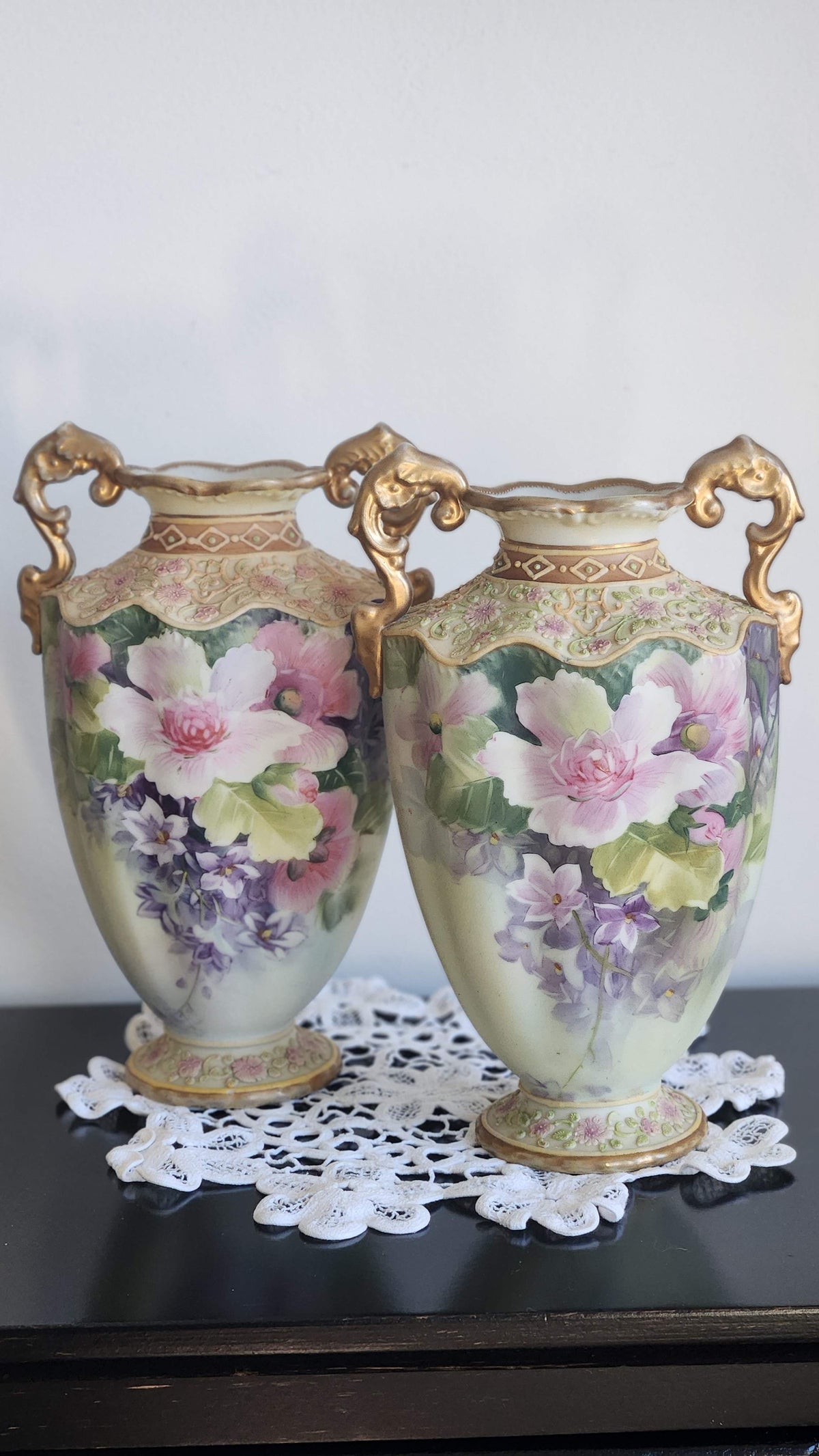 Pair of Antique Hand-Painted Nippon Vases with Moriage & Gold Handles