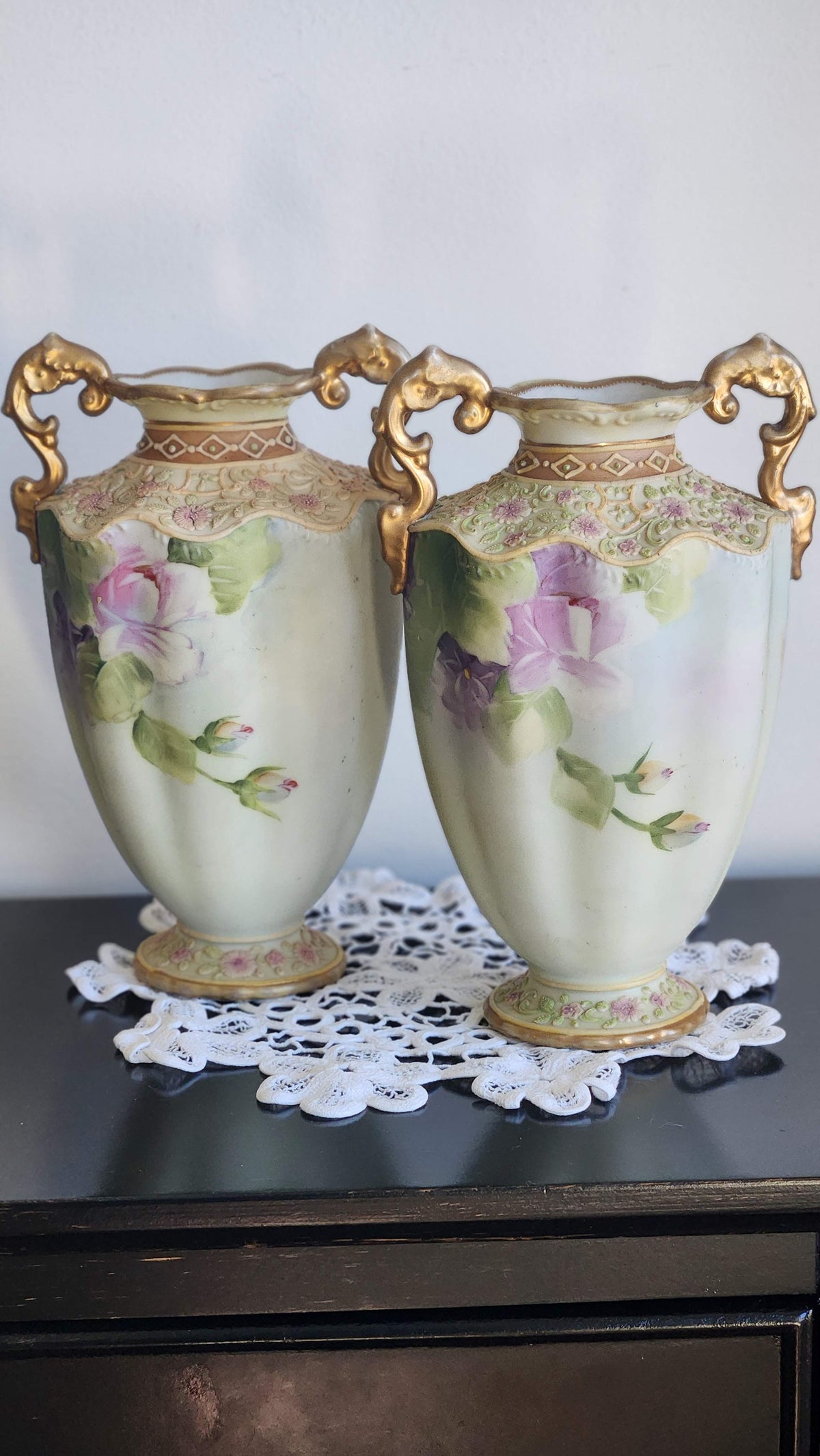 Pair of Antique Hand-Painted Nippon Vases with Moriage & Gold Handles