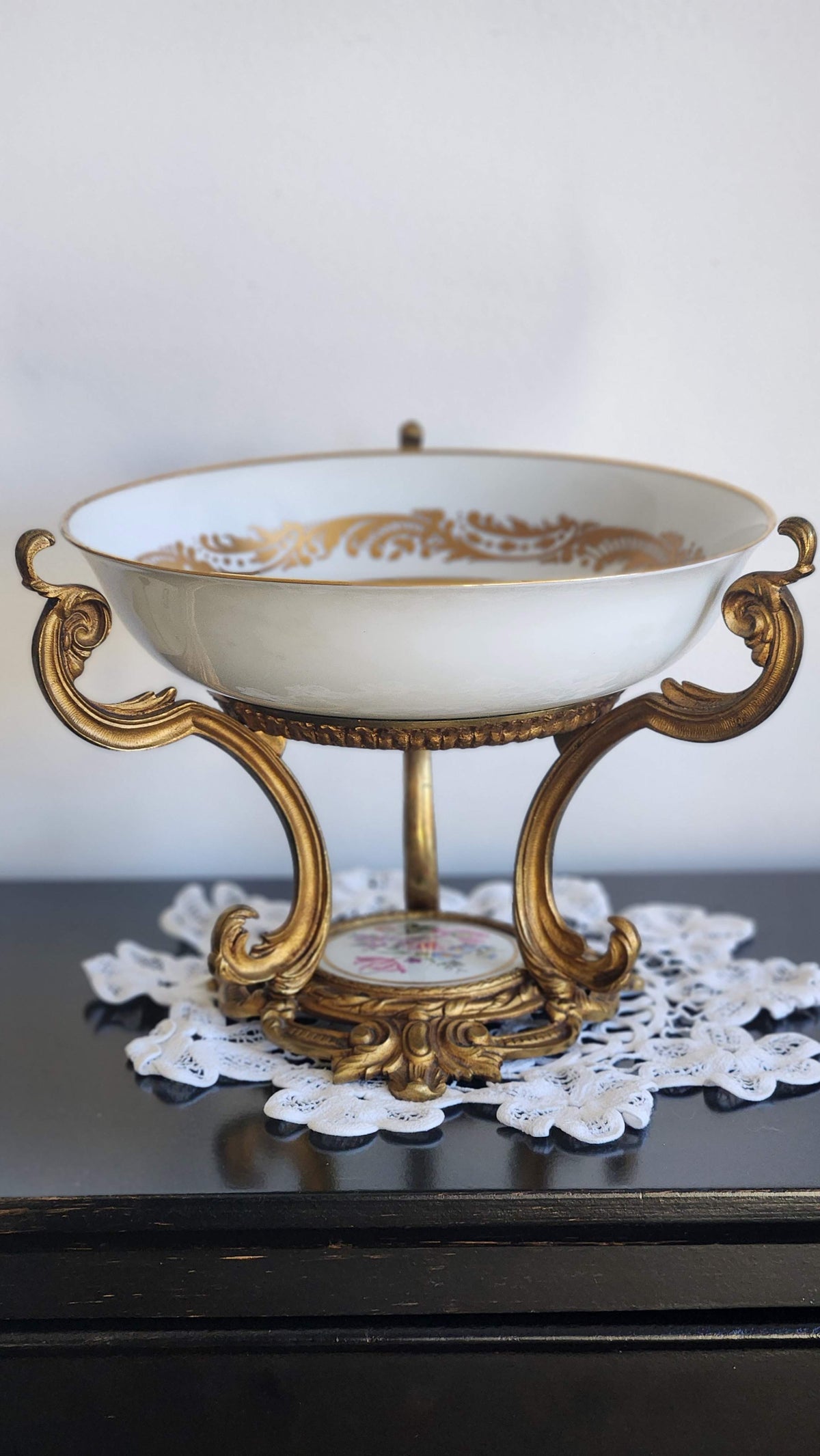 Vintage French Porcelain Centerpiece Bowl in Gilt Rococo Mount