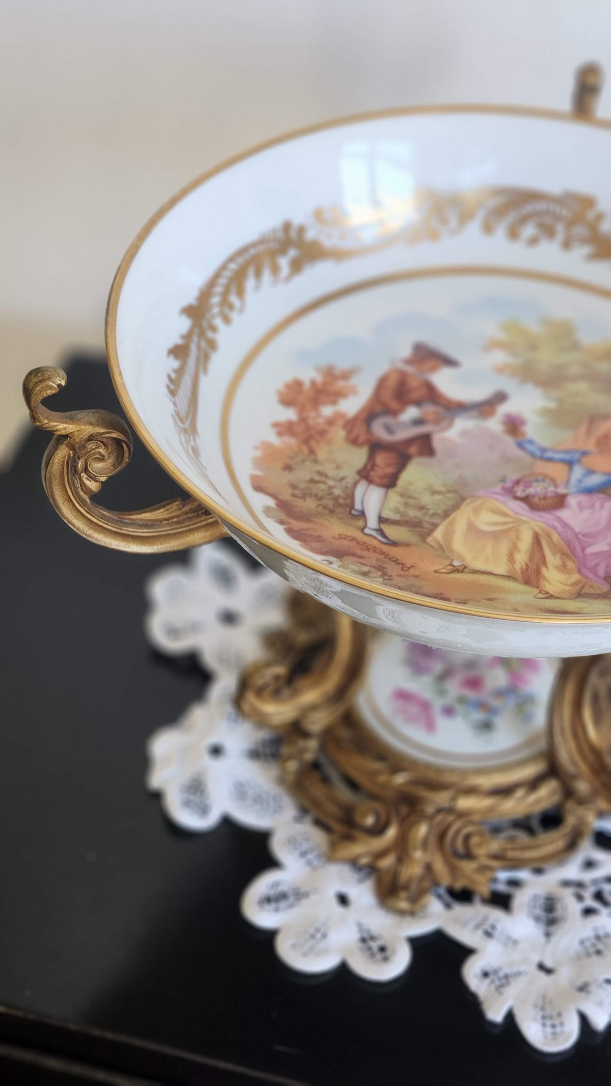 Vintage French Porcelain Centerpiece Bowl in Gilt Rococo Mount