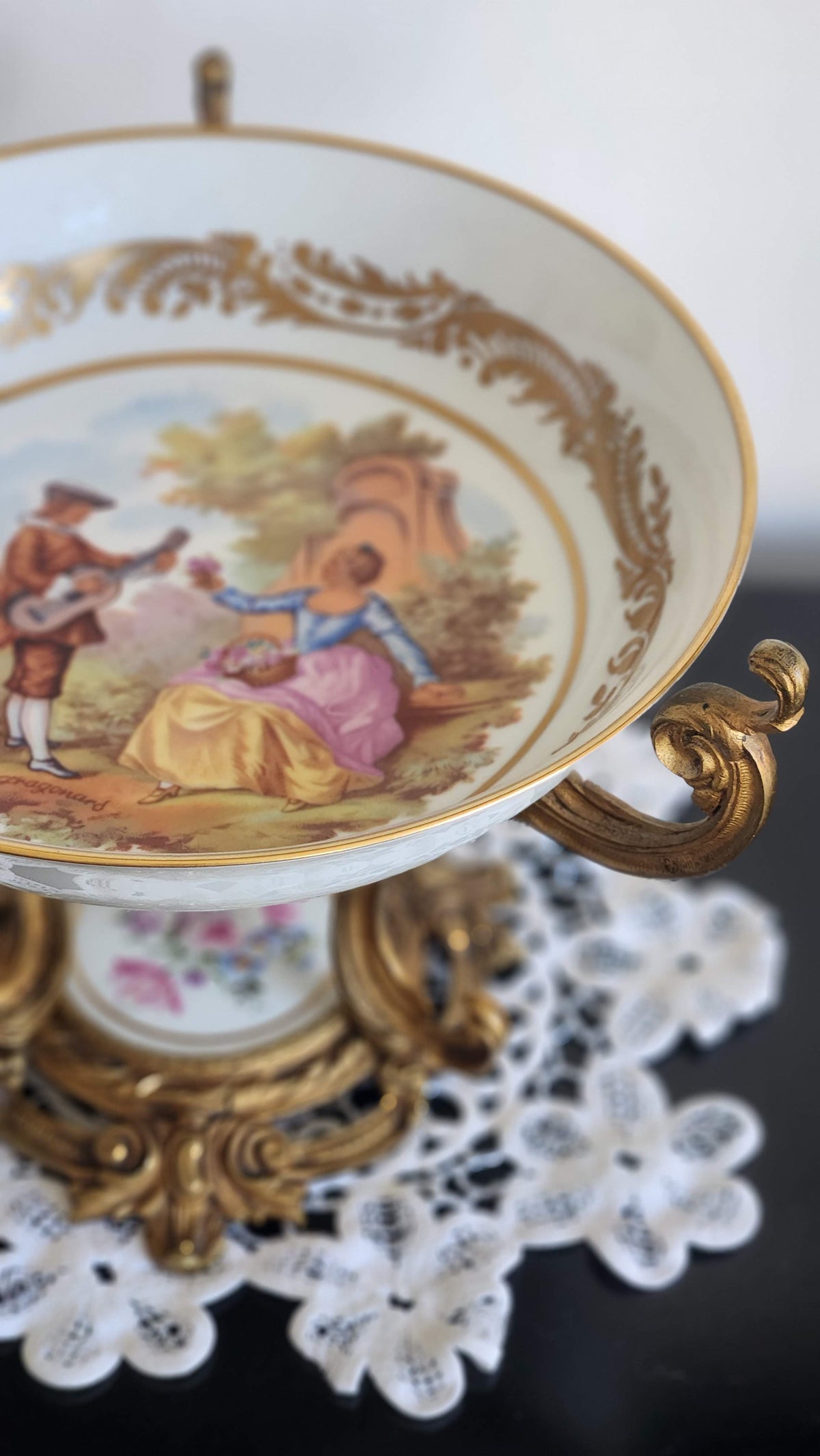 Vintage French Porcelain Centerpiece Bowl in Gilt Rococo Mount