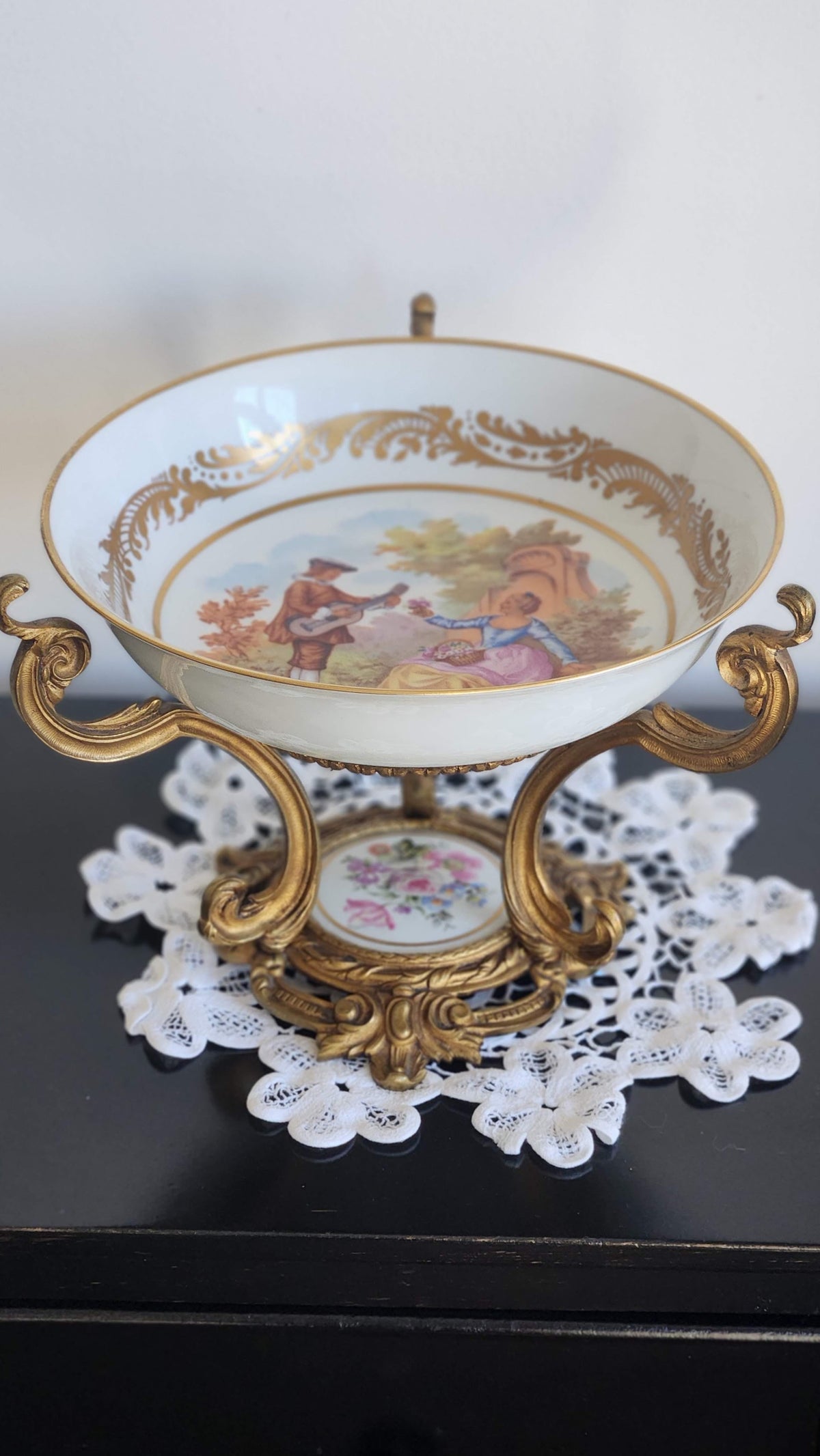 Vintage porcelain centerpiece bowl with courting scene in ornate gilt-colored Rococo mount