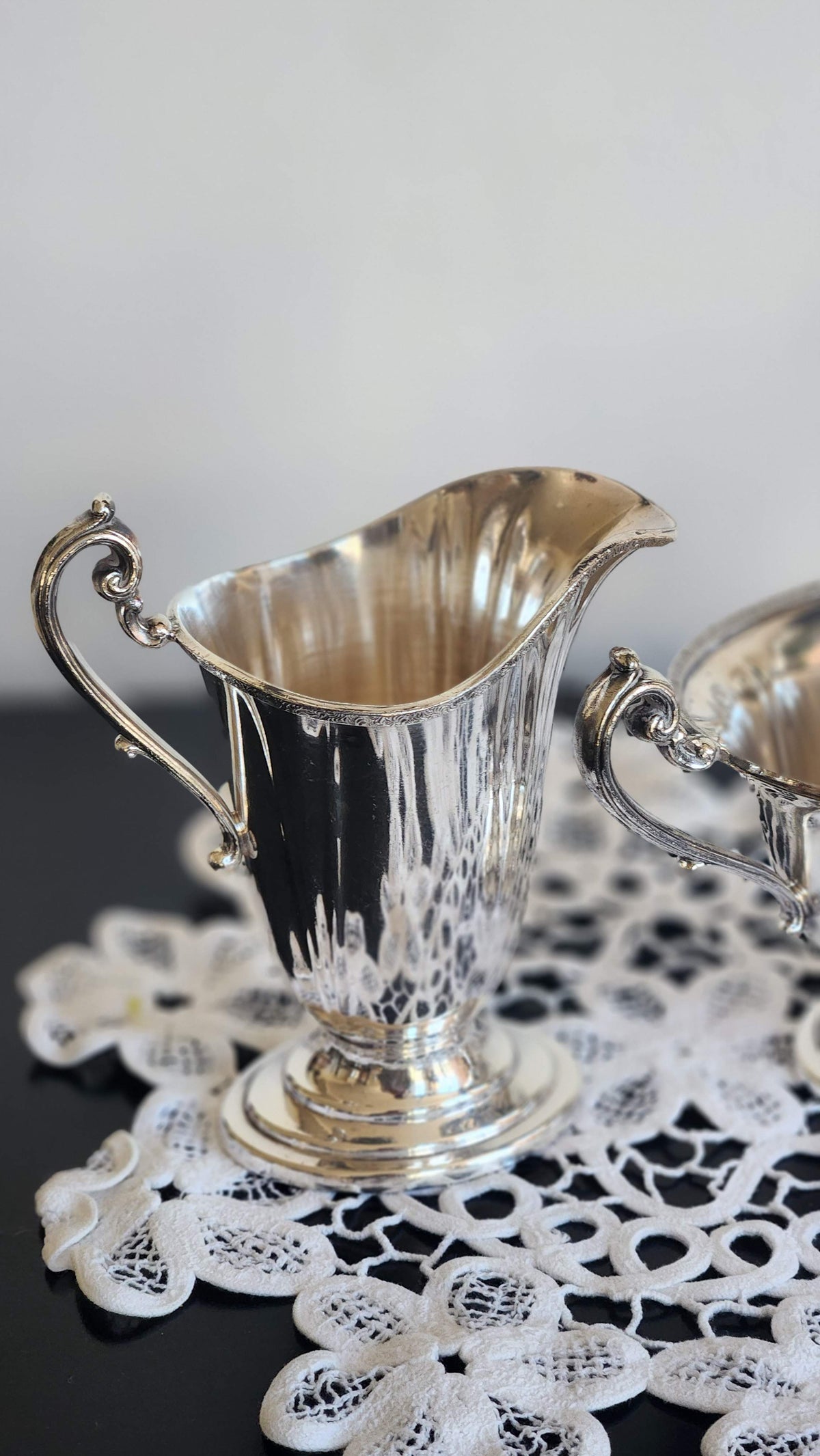 Vintage Silverplate Footed Creamer & Sugar Set with Scroll Handles