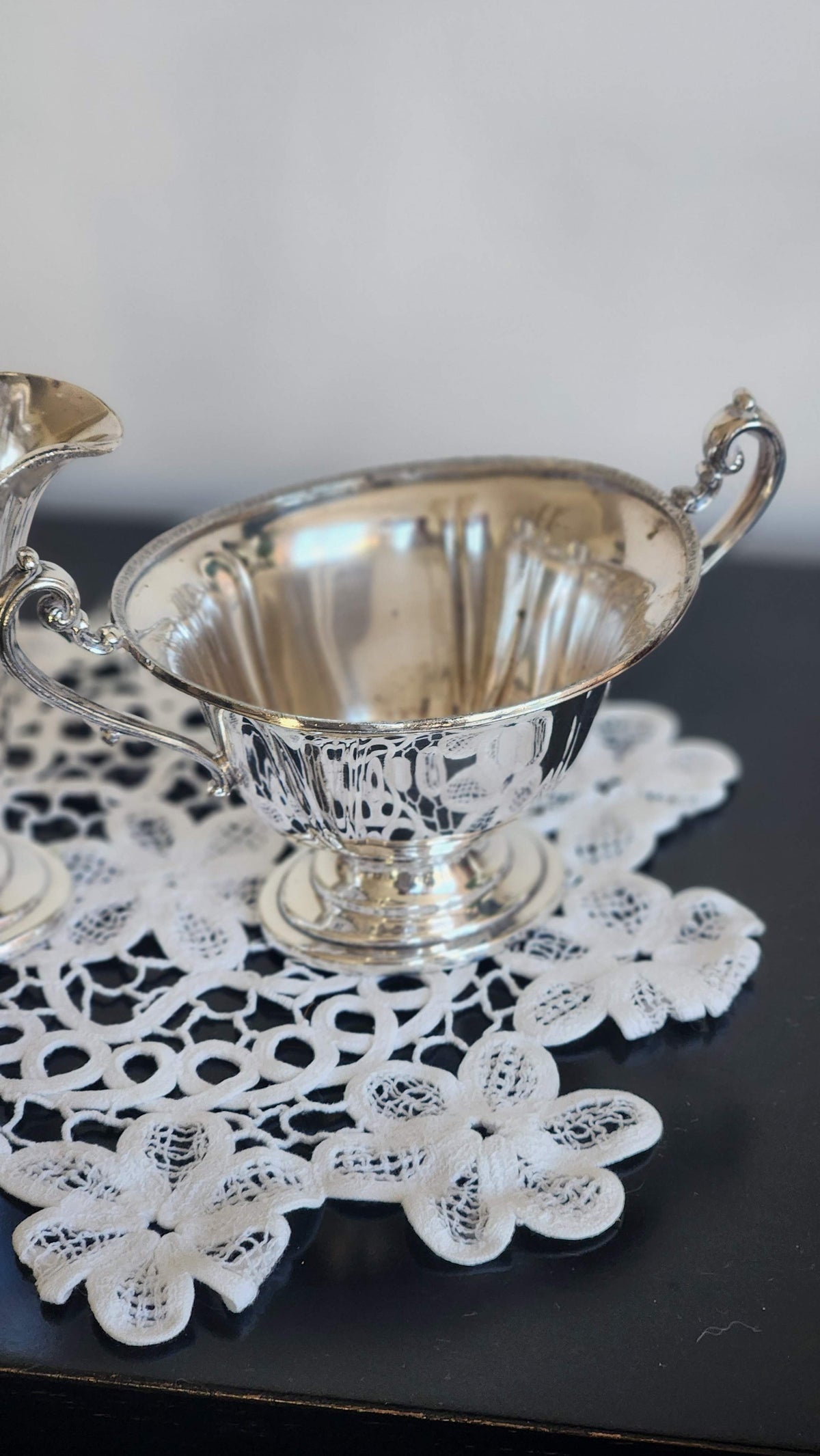 Vintage Silverplate Footed Creamer & Sugar Set with Scroll Handles