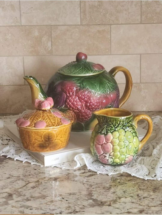 Rare Vintage Majolica Style Grape & Leaf Tea Set - Salins Les Bains France