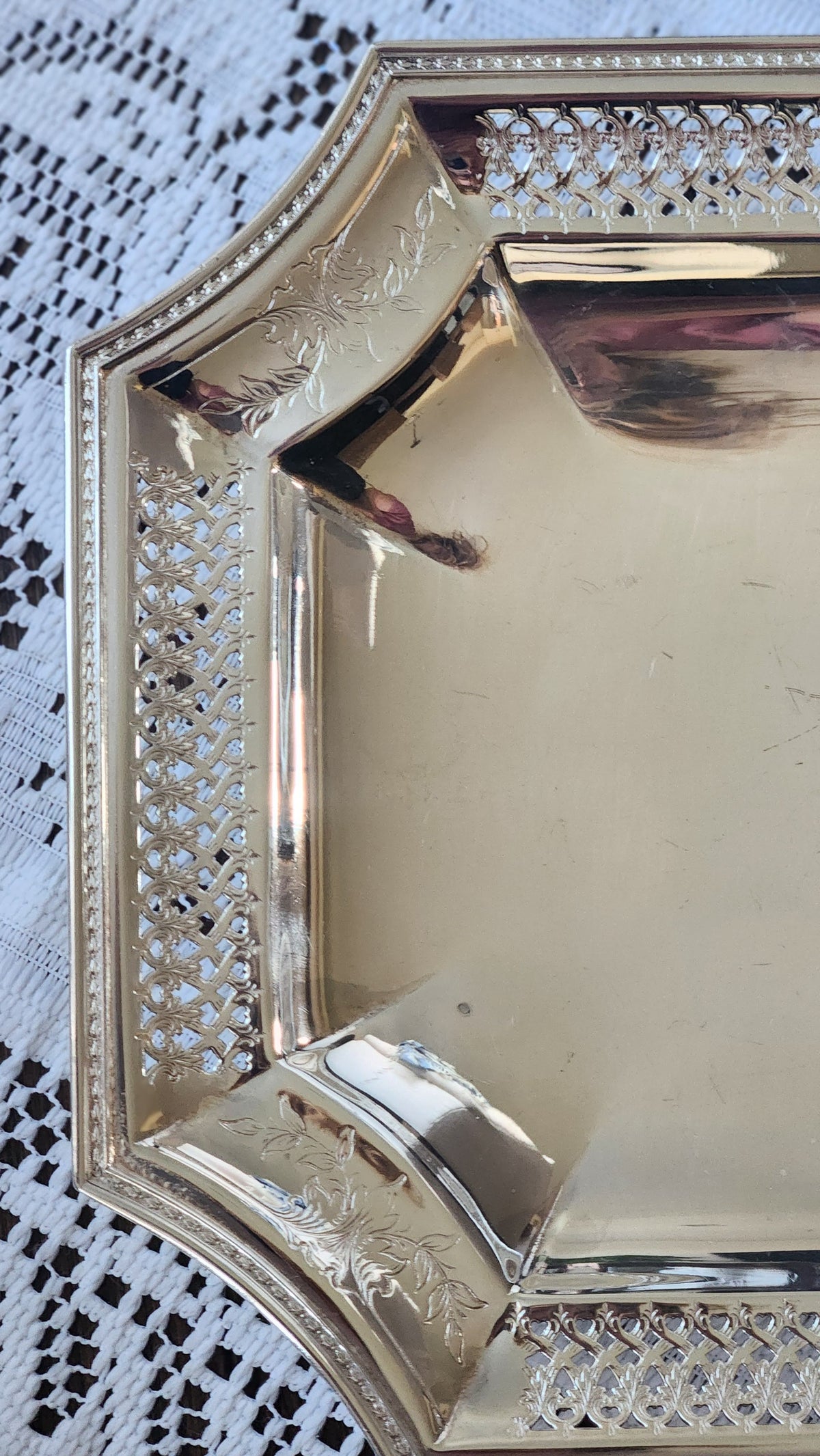Vintage Silverplate Pierced Serving Dish | Square Engraved Bread Tray