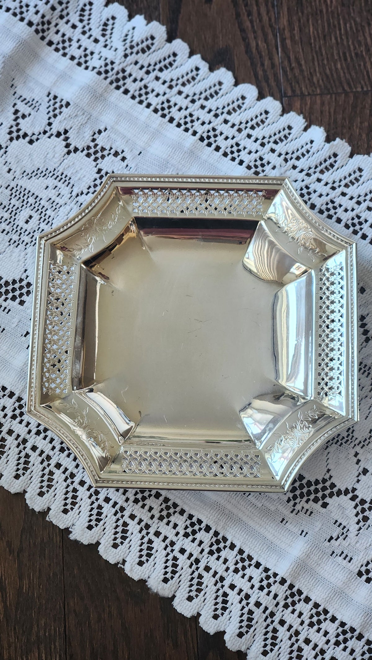 Vintage Silverplate Pierced Serving Dish | Square Engraved Bread Tray